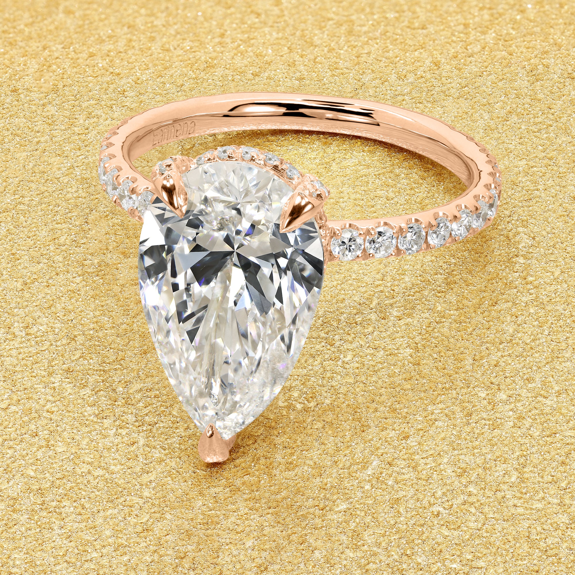 Classic Selina 3.3ct Elongated Pear-cut Lab-grown Diamond Hidden Wrap Halo Engagement ring in 14K gold, 18K gold, or Platinum by Earthena Jewelry of Beverly Hills.
