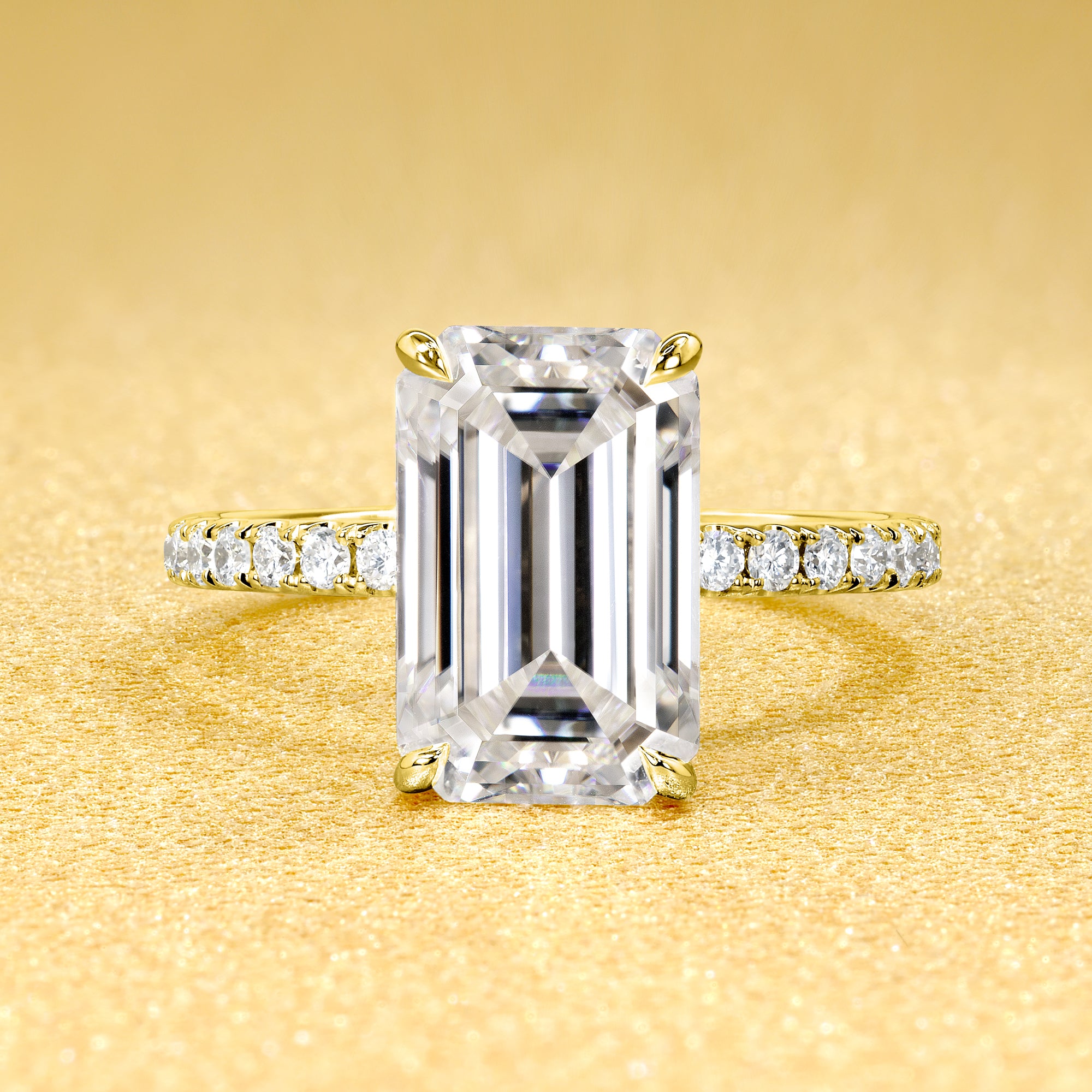 Selina 3.5ct Elongated Emerald-Cut Moissanite Hidden Vow Halo Engagement Ring crafted in 14K gold, 18K gold, or Platinum by Earthena Jewelry of Beverly Hills.
