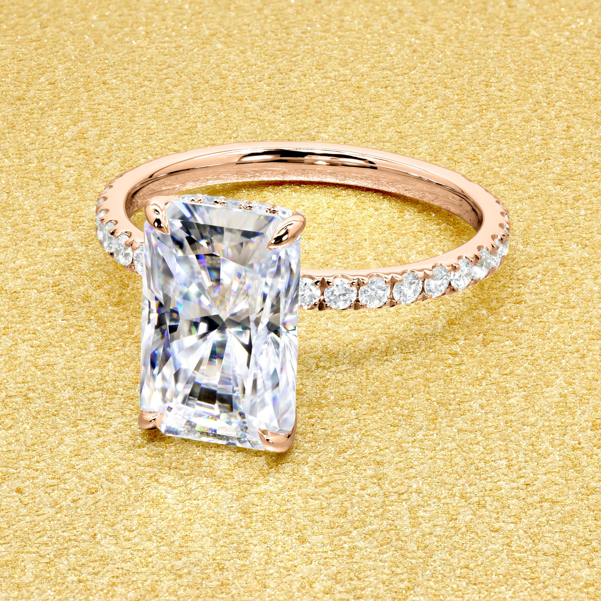 Selina 3.5ct Elongated Radiant-Cut Moissanite Hidden Vow Halo Engagement Ring crafted in 14K gold, 18K gold, or Platinum by Earthena Jewelry of Beverly Hills.