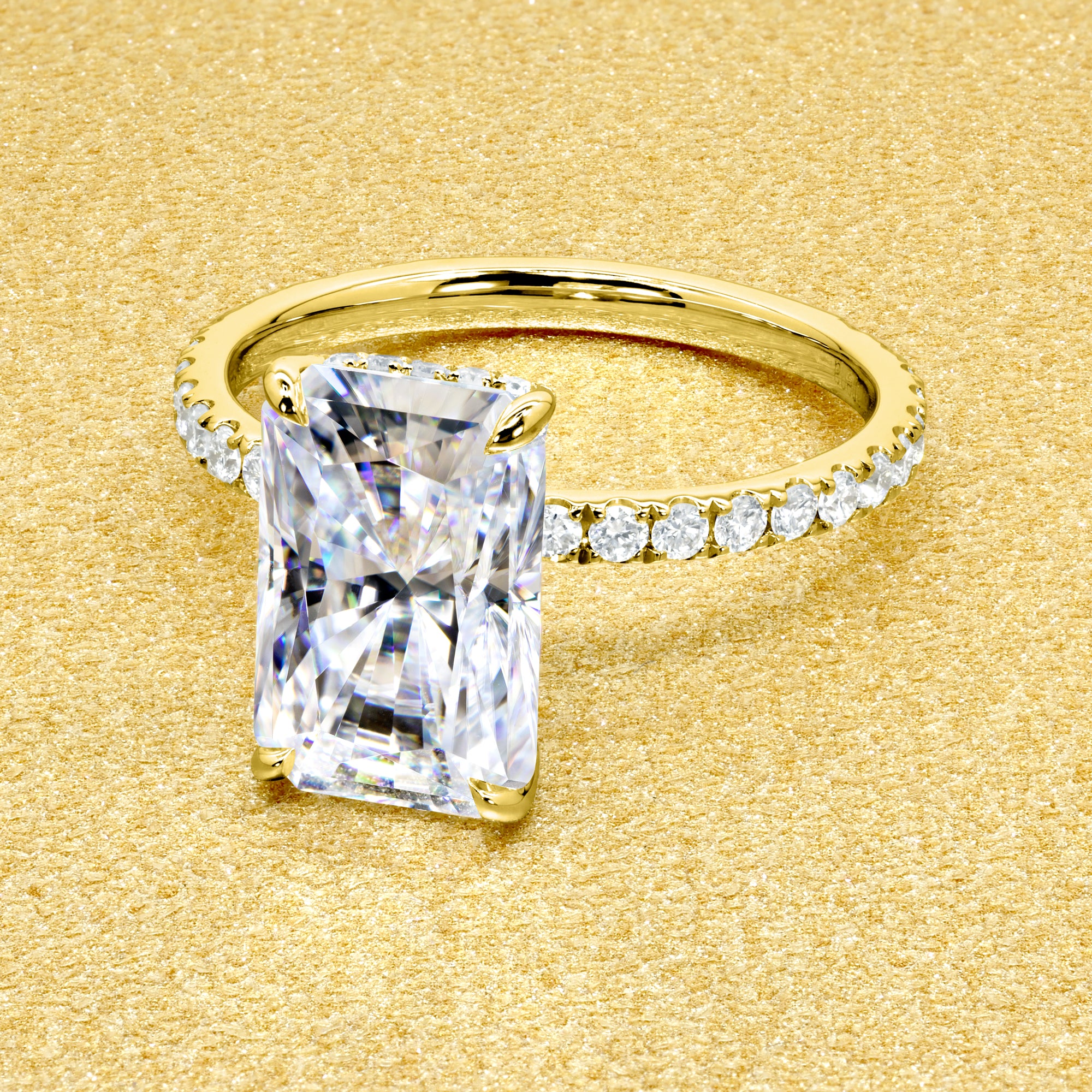Selina 3.5ct Elongated Radiant-Cut Moissanite Hidden Vow Halo Engagement Ring crafted in 14K gold, 18K gold, or Platinum by Earthena Jewelry of Beverly Hills.