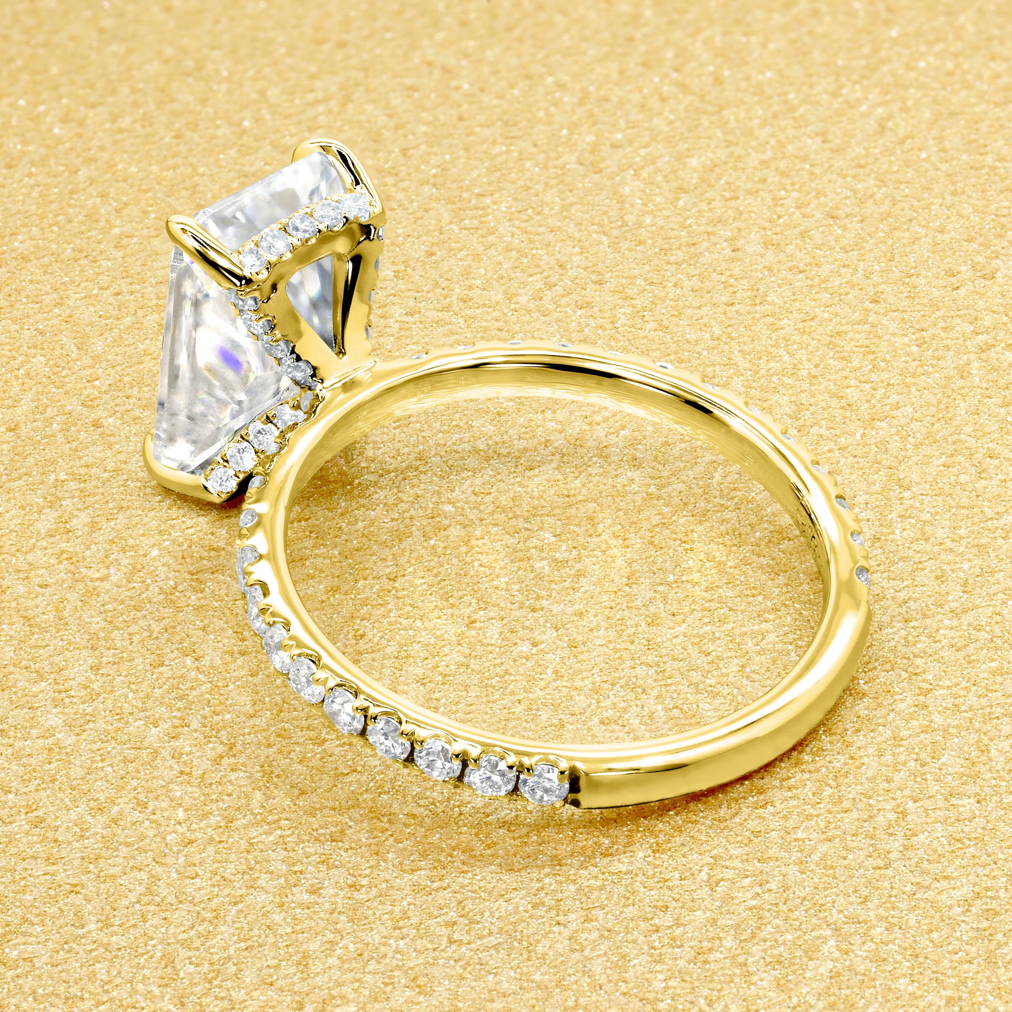 Selina 3.5ct Elongated Radiant-Cut Moissanite Hidden Vow Halo Engagement Ring crafted in 14K gold, 18K gold, or Platinum by Earthena Jewelry of Beverly Hills.