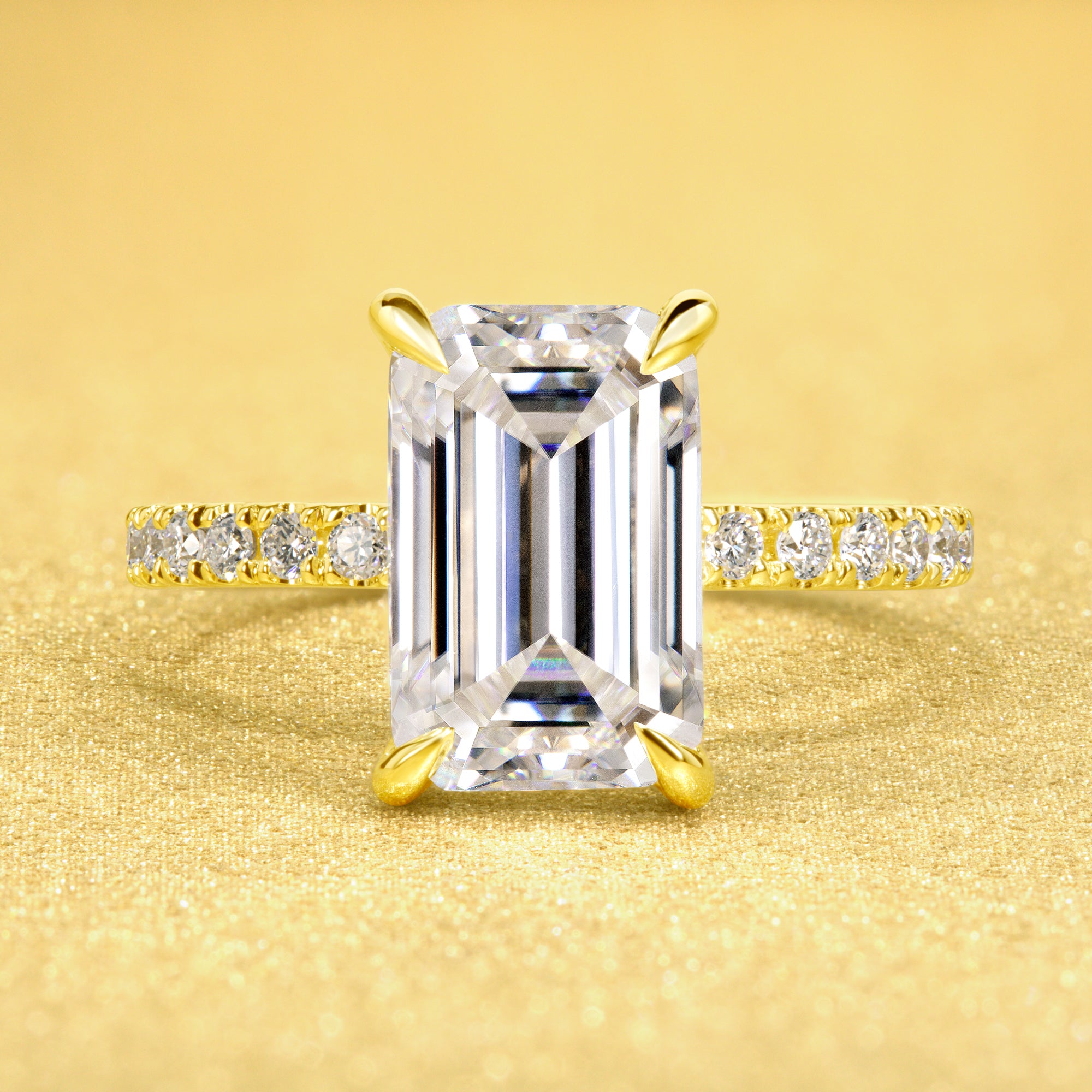 Classic Selina 3ct Elongated Emerald-cut Moissanite and Lab-grown Diamond Hidden Halo Engagement ring in 14K or 18K Gold by Earthena Jewelry