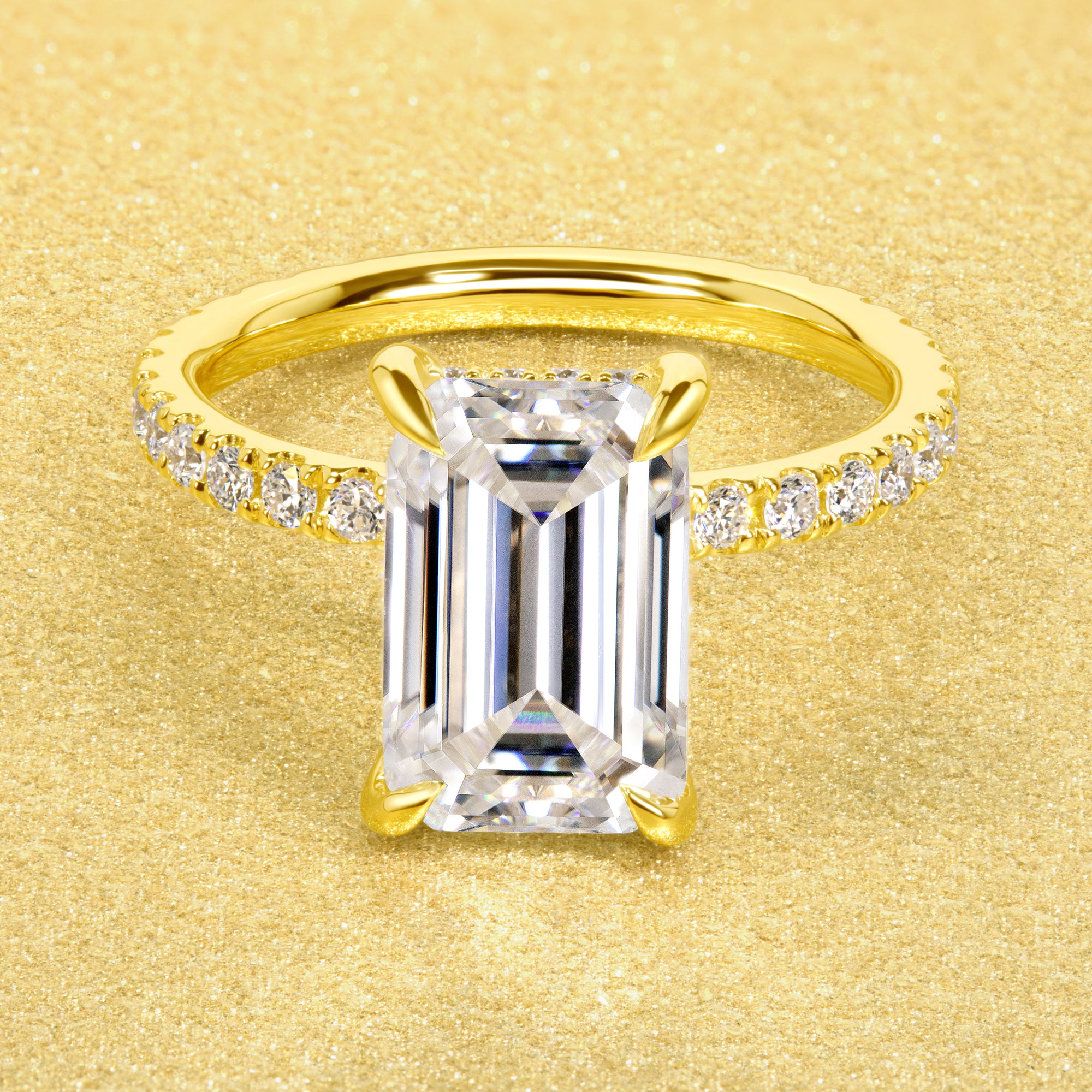 Classic Selina 3ct Elongated Emerald-cut Moissanite and Lab-grown Diamond Hidden Halo Engagement ring in 14K or 18K Gold by Earthena Jewelry