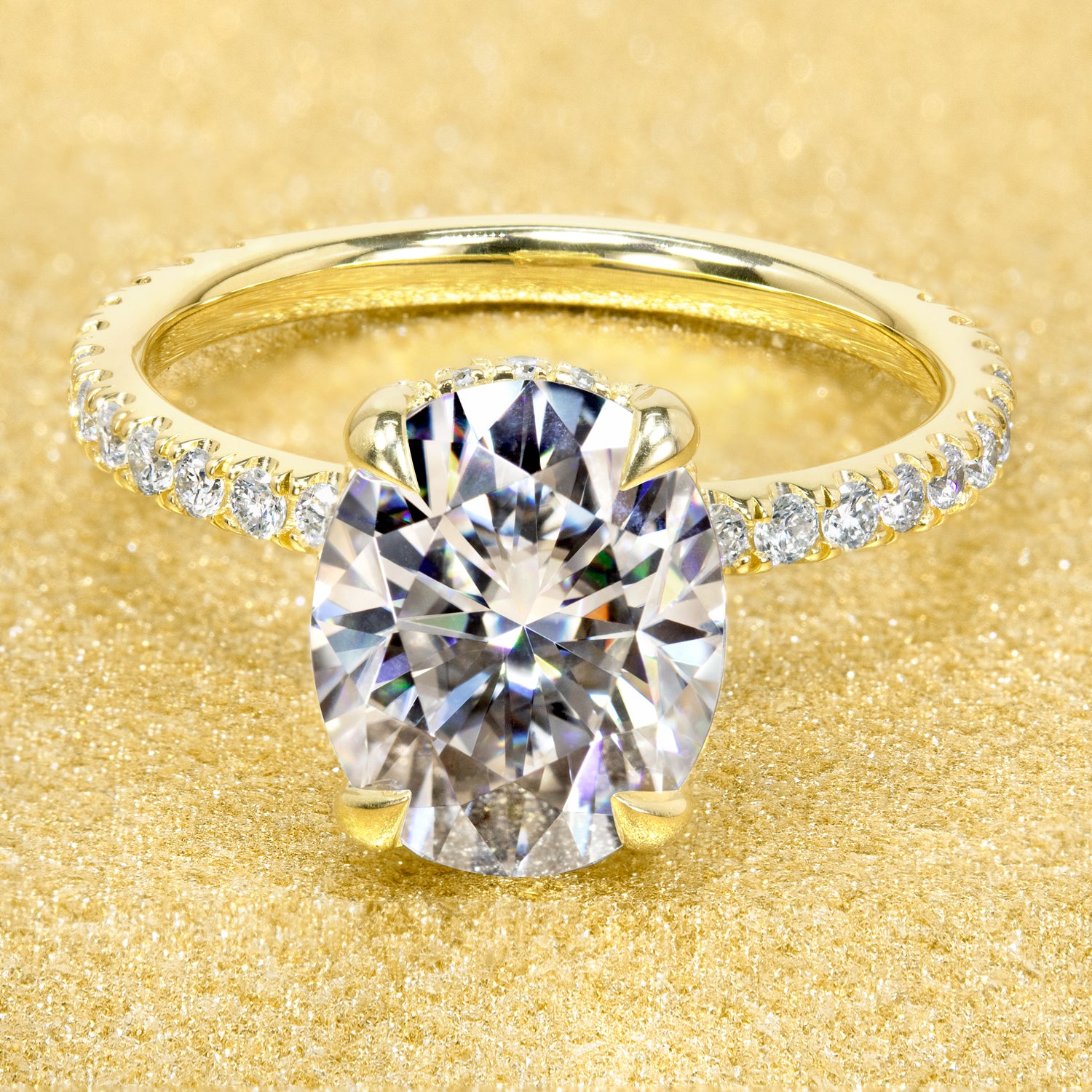 Classic and elegant 3-carats Oval-cut Moissanite and Lab Diamond Hidden Wrap Halo engagement ring handcrafted in 14K gold, 18K gold, or Platinum handcrafted in Los Angeles by Earthena Jewelry.
