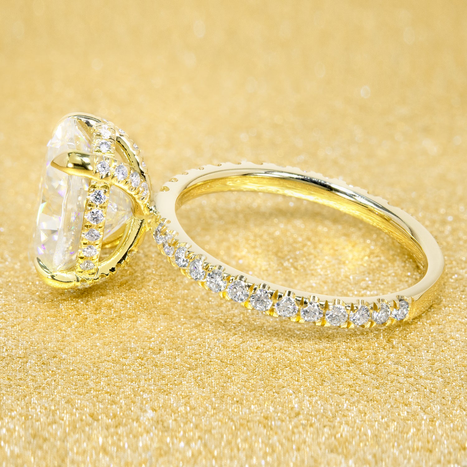Classic and elegant 3-carats Oval-cut Moissanite and Lab Diamond Hidden Wrap Halo engagement ring handcrafted in 14K gold, 18K gold, or Platinum handcrafted in Los Angeles by Earthena Jewelry.