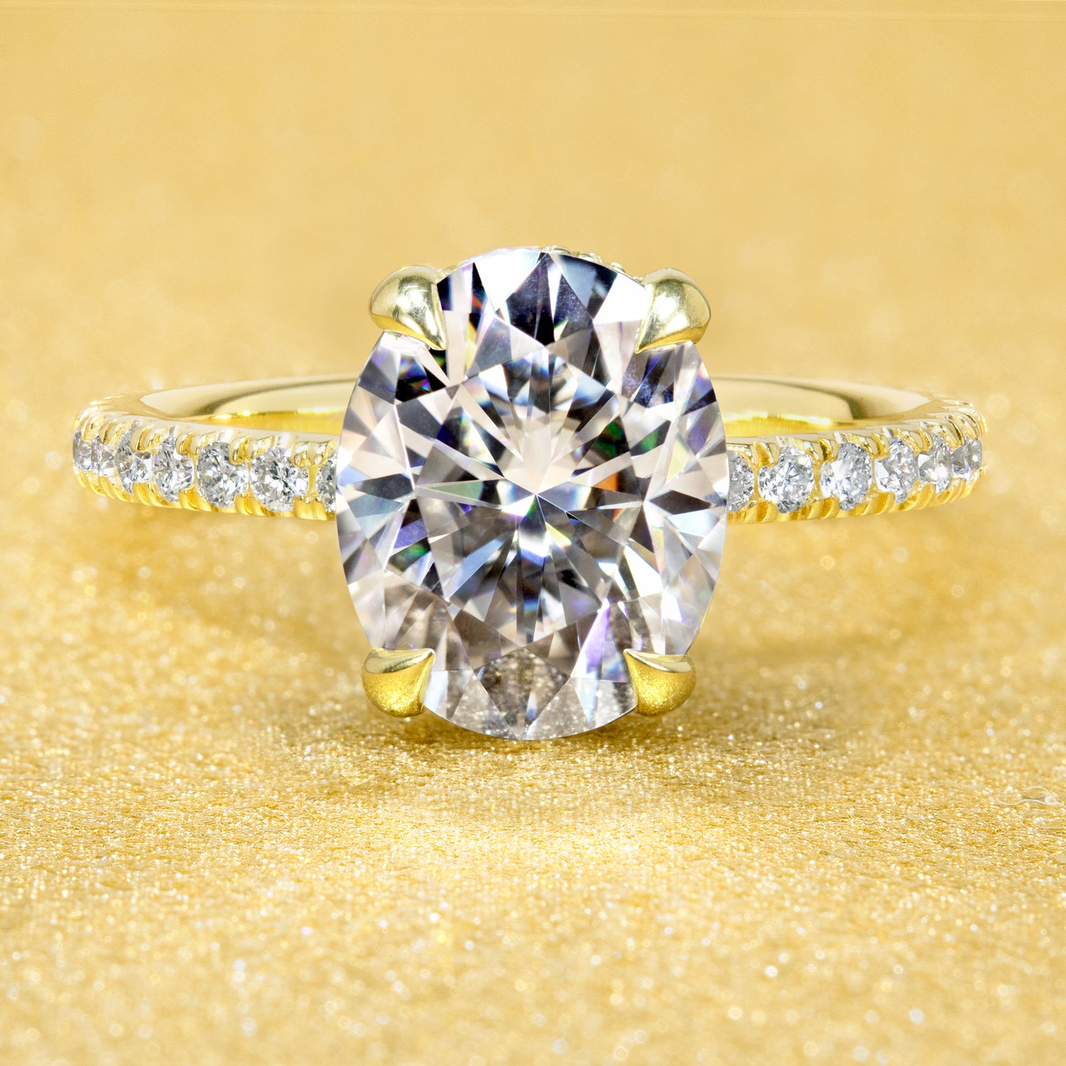 Classic and elegant 3-carats Oval-cut Moissanite and Lab Diamond Hidden Wrap Halo engagement ring handcrafted in 14K gold, 18K gold, or Platinum handcrafted in Los Angeles by Earthena Jewelry.