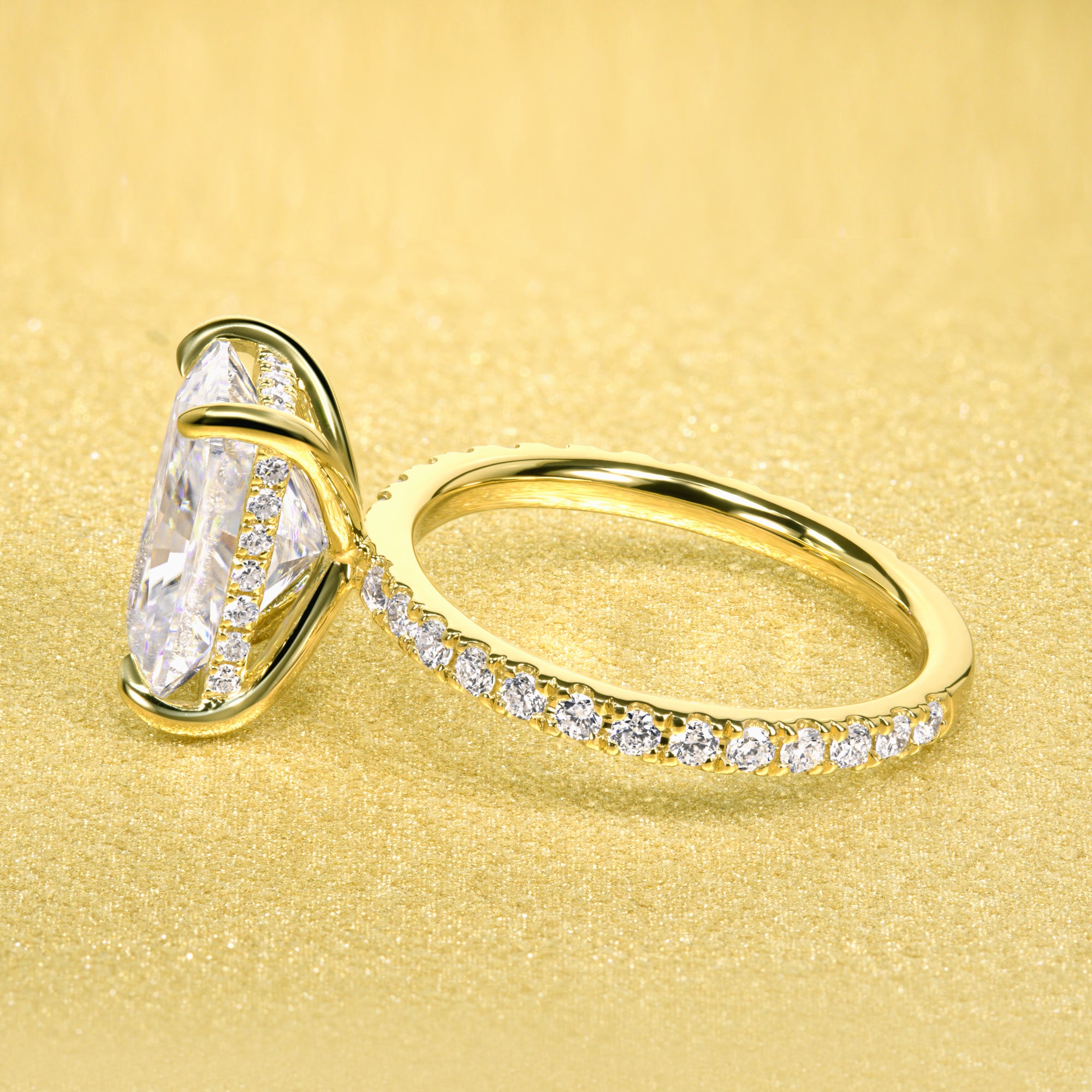 Classic Selina 3ct Elongated Radiant-cut Moissanite and Lab-grown Diamond Hidden Halo Engagement ring in 14K or 18K Gold by Earthena Jewelry