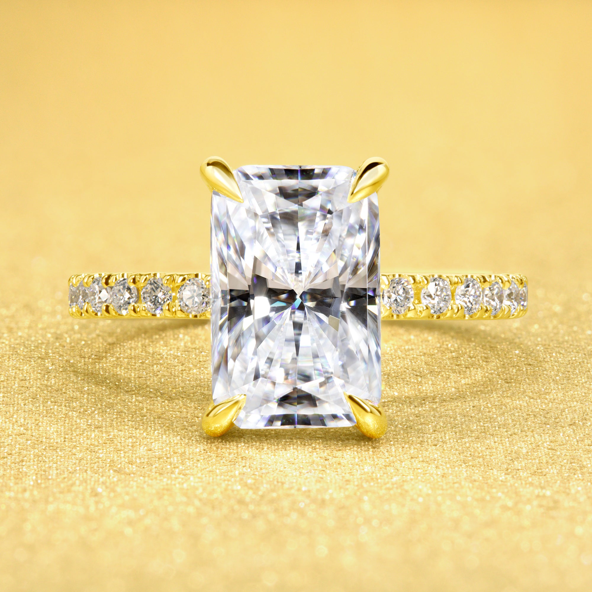 Classic Selina 3ct Elongated Radiant-cut Moissanite and Lab-grown Diamond Hidden Halo Engagement ring in 14K or 18K Gold by Earthena Jewelry