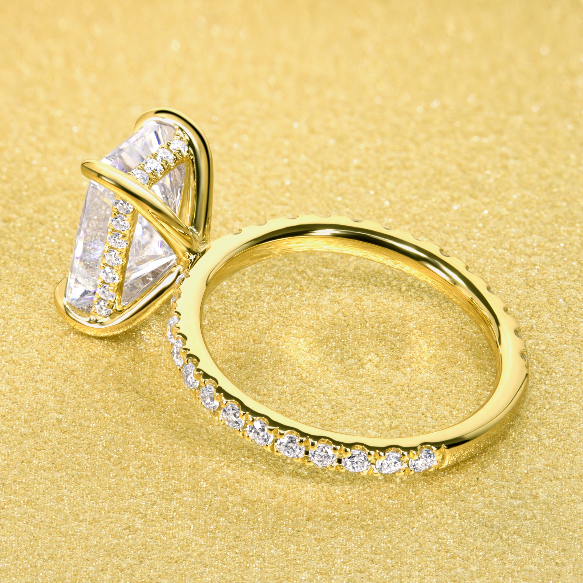 Classic Selina 3ct Elongated Radiant-cut Moissanite and Lab-grown Diamond Hidden Halo Engagement ring in 14K or 18K Gold by Earthena Jewelry