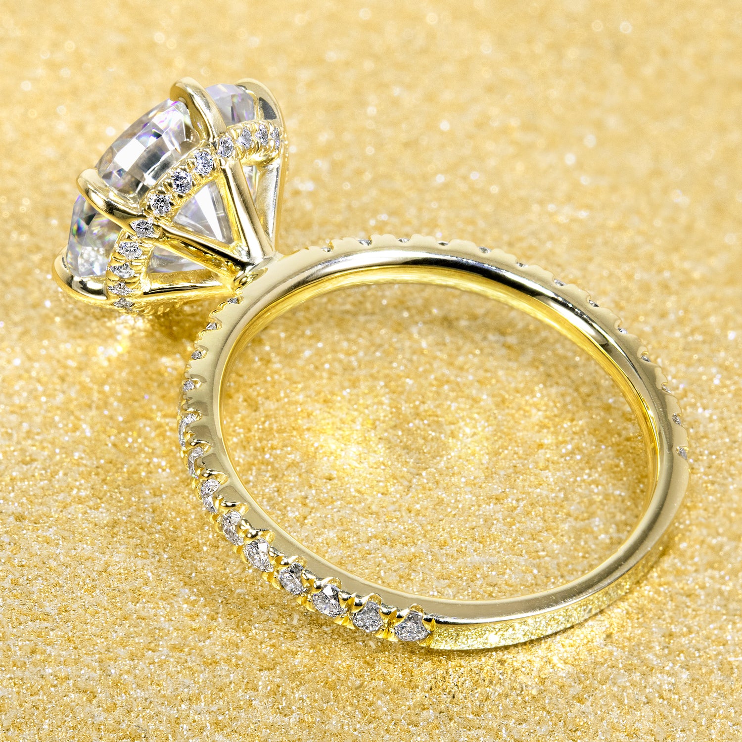 The Selina 3ct Round Brilliant-cut Hidden Eternity Halo Moissanite Engagement Ring, a classic look with an elegant twist complemented by Lab Diamonds handcrafted in 14K gold, 18K gold or Platinum handcrafted in Los Angeles by Earthena Jewelry.