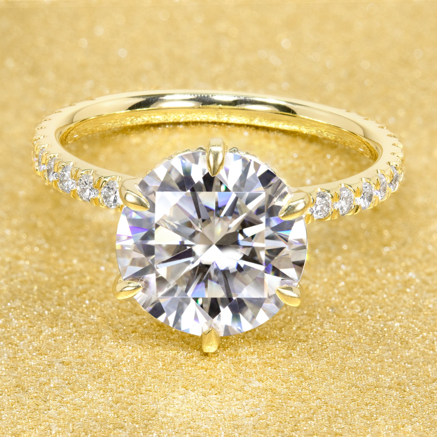The Selina 3ct Round Brilliant-cut Hidden Eternity Halo Moissanite Engagement Ring, a classic look with an elegant twist complemented by Lab Diamonds handcrafted in 14K gold, 18K gold or Platinum handcrafted in Los Angeles by Earthena Jewelry.