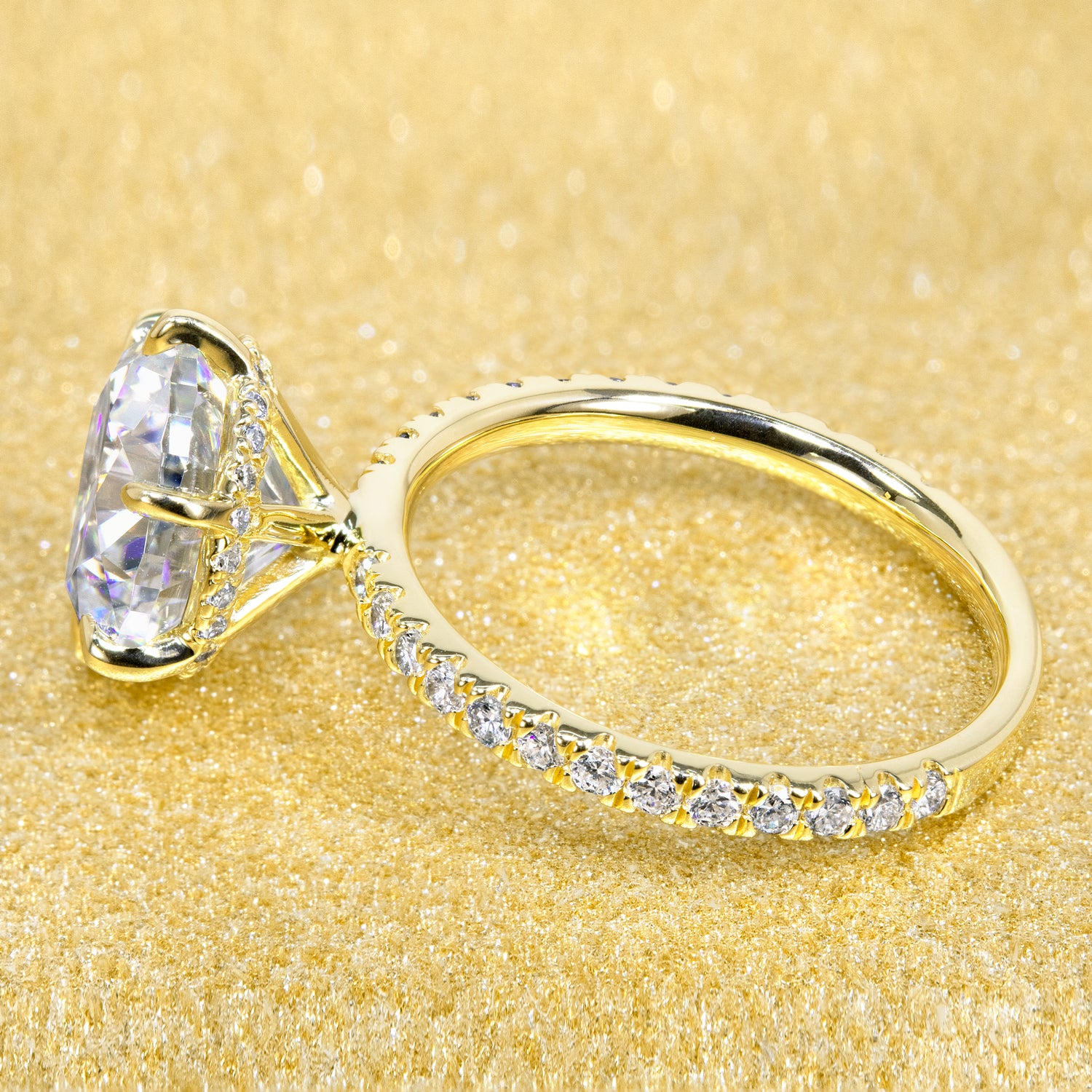 The Selina 3ct Round Brilliant-cut Hidden Eternity Halo Moissanite Engagement Ring, a classic look with an elegant twist complemented by Lab Diamonds handcrafted in 14K gold, 18K gold or Platinum handcrafted in Los Angeles by Earthena Jewelry.