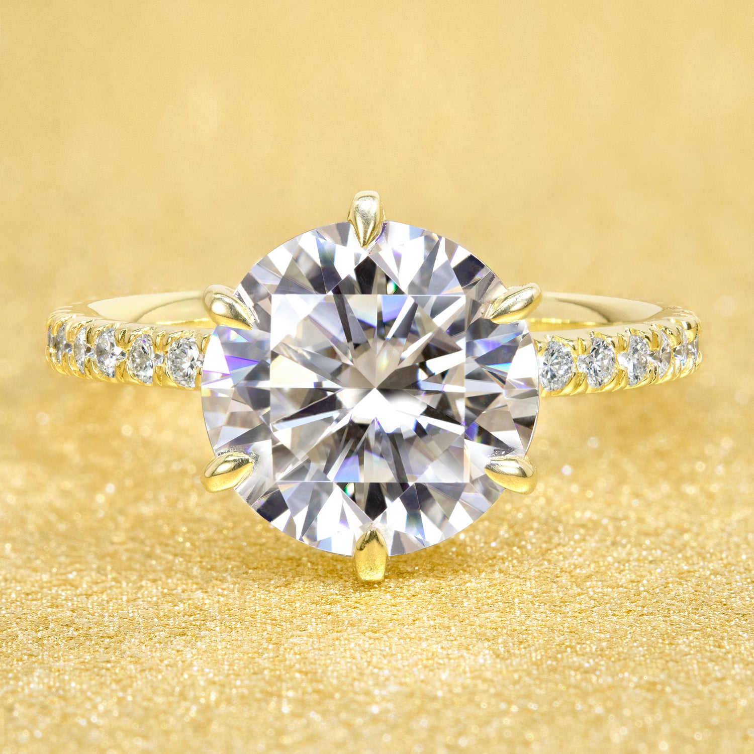 The Selina 3ct Round Brilliant-cut Hidden Eternity Halo Moissanite Engagement Ring, a classic look with an elegant twist complemented by Lab Diamonds handcrafted in 14K gold, 18K gold or Platinum handcrafted in Los Angeles by Earthena Jewelry.
