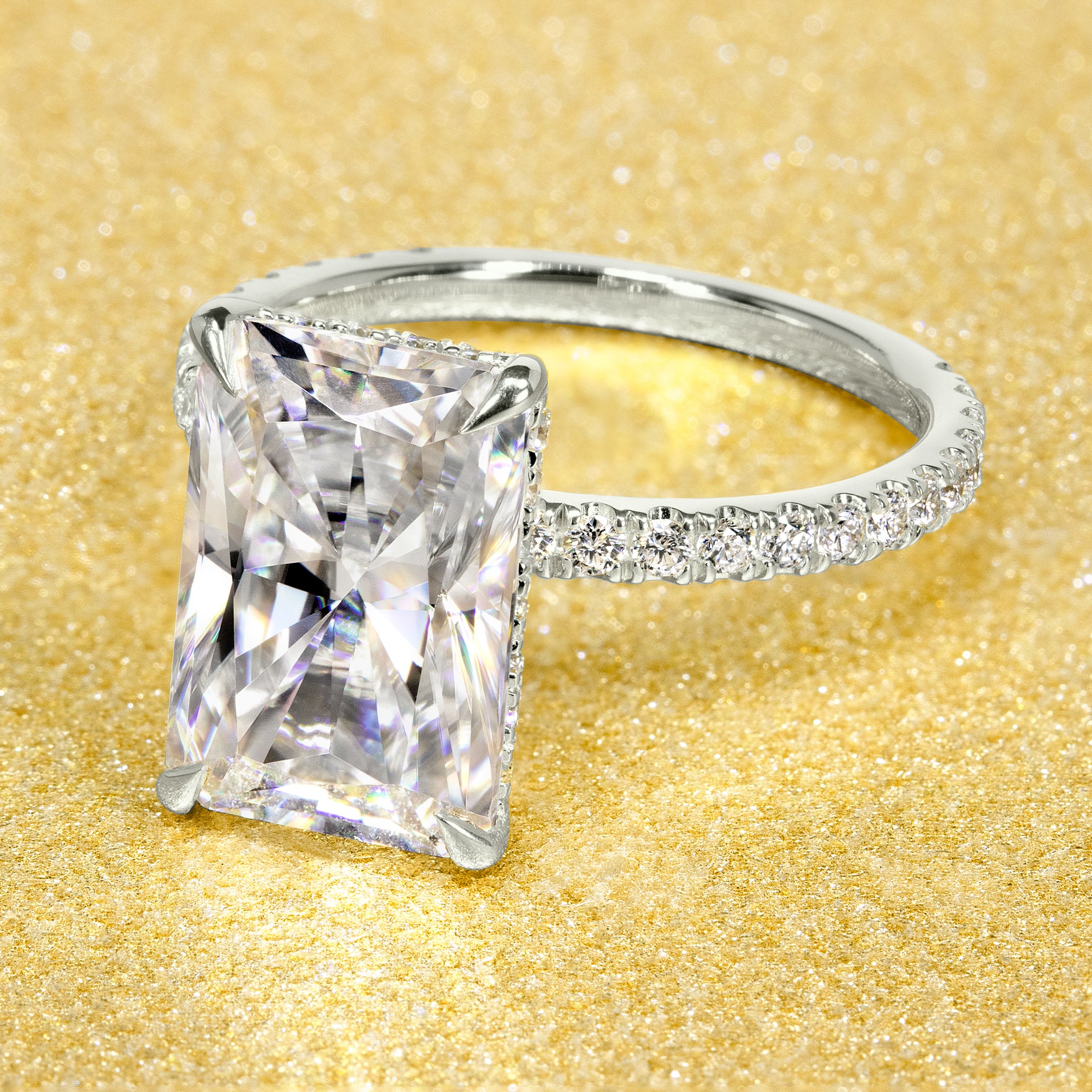Classic Selina 4.5ct Elongated Radiant-cut Moissanite Hidden Halo Lab-grown Diamond Engagement ring in 14K gold, 18K gold, or Platinum handcrafted in Los Angeles by Earthena Jewelry.