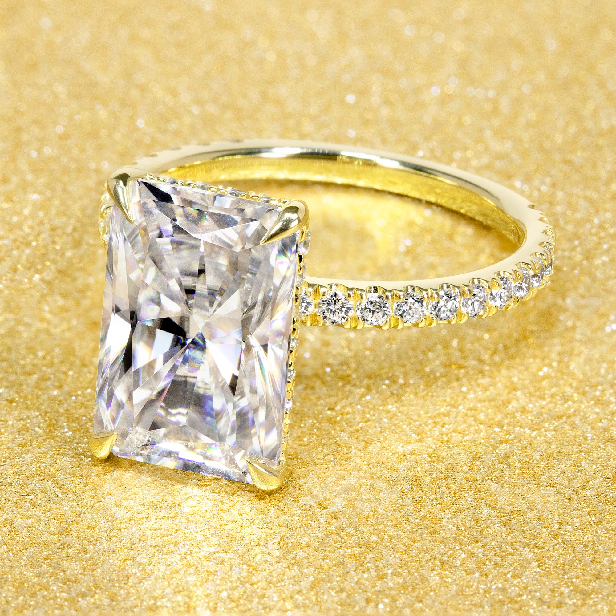 Classic Selina 4.5ct Elongated Radiant-cut Moissanite Hidden Halo Lab-grown Diamond Engagement ring in 14K gold, 18K gold, or Platinum handcrafted in Los Angeles by Earthena Jewelry.