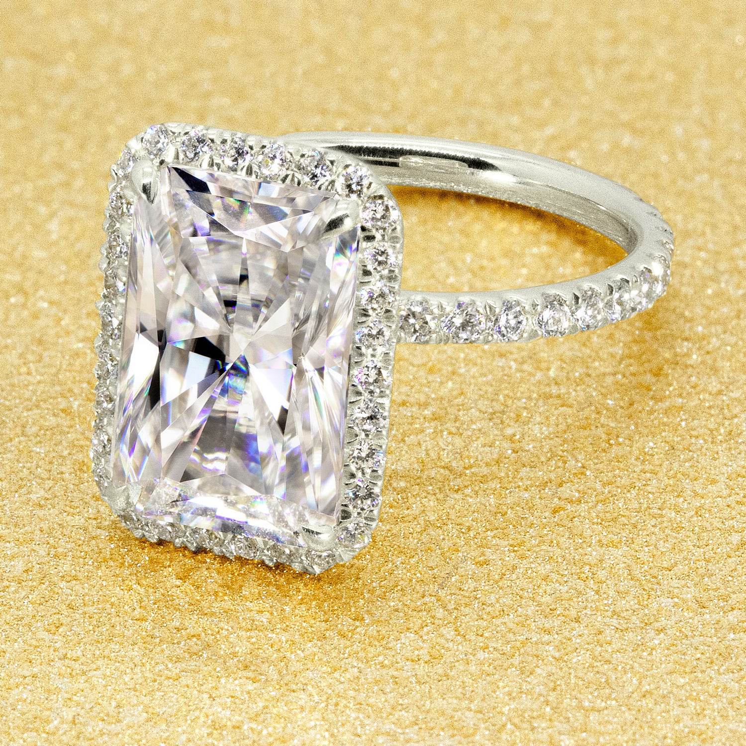 Classic Selina 4.5ct Elongated Radiant-cut Moissanite and Lab Diamond Halo Engagement ring in 14K gold, 18K gold, or Platinum handcrafted in Los Angeles by Earthena Jewelry