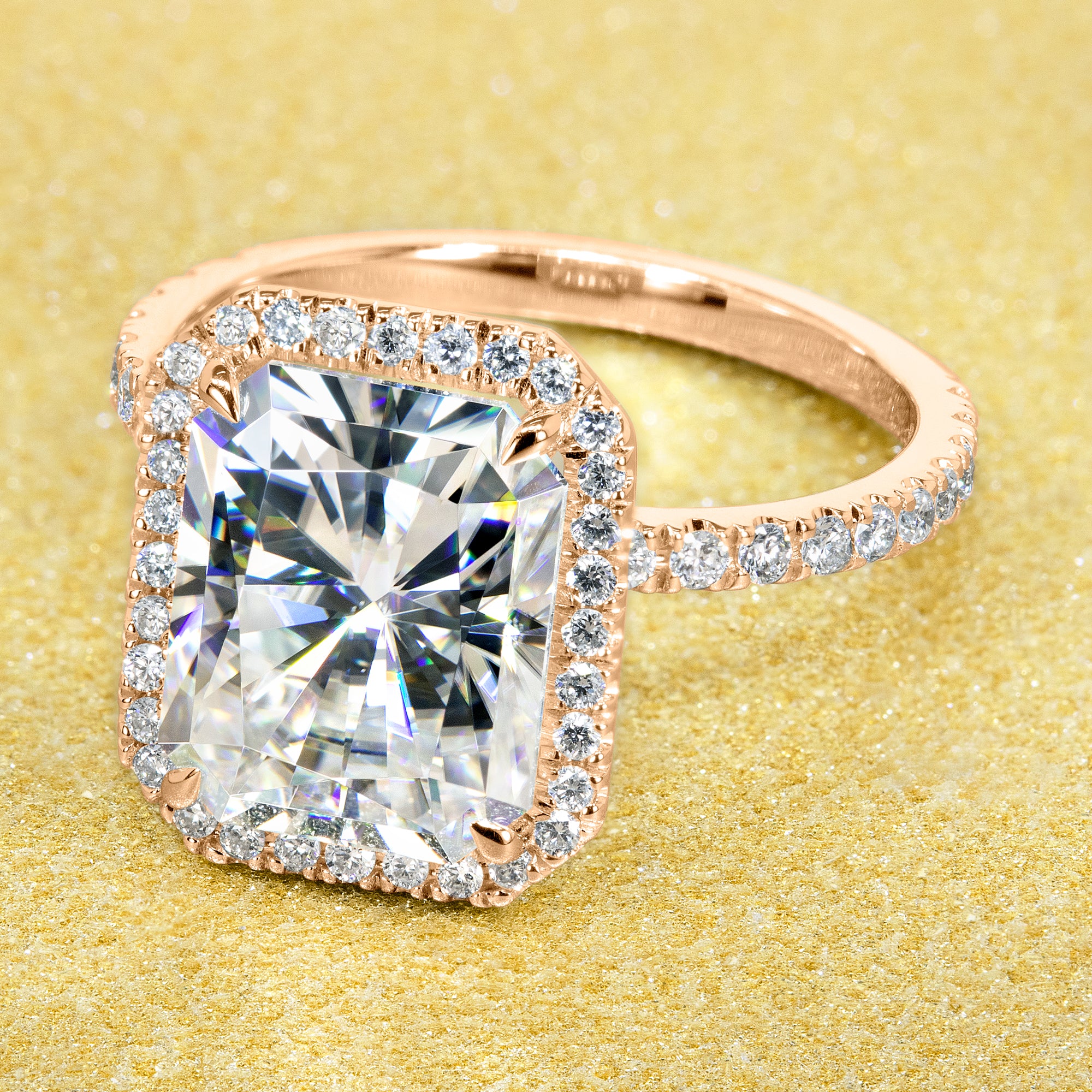 Classic Selina 4ct radiant-cut Moissanite and Lab Diamond Halo Engagement ring 14K gold, 18K gold, or Platinum handcrafted in Los Angeles by Earthena Jewelry