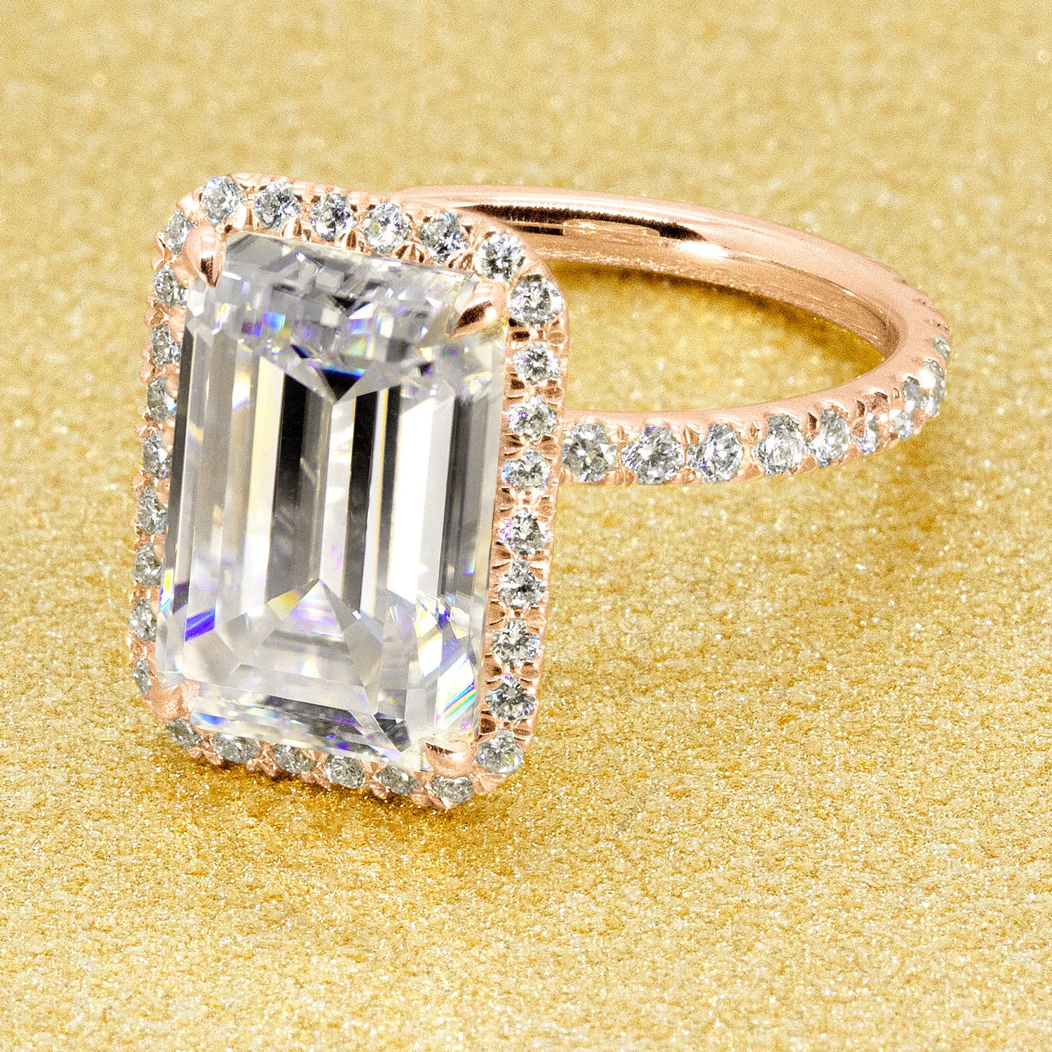 The Selina, 5.5ct Elongated Emerald-cut Moissanite Halo Ring