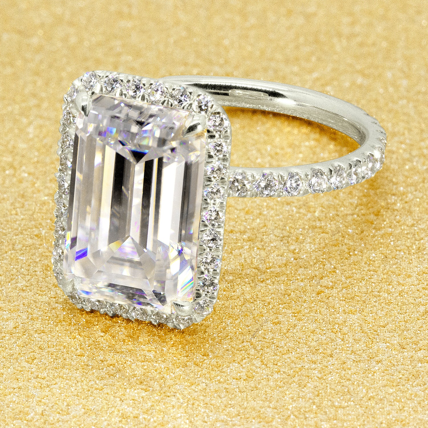 The Selina, 5.5ct Elongated Emerald-cut Moissanite Halo Ring