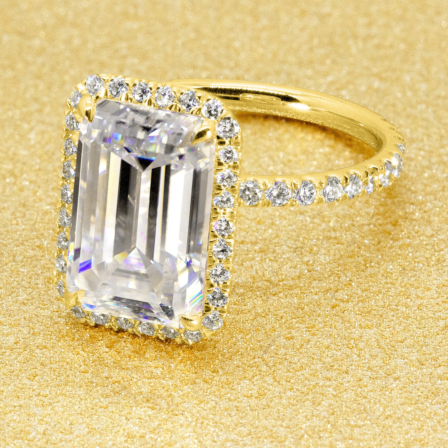 The Selina, 5.5ct Elongated Emerald-cut Moissanite Halo Ring