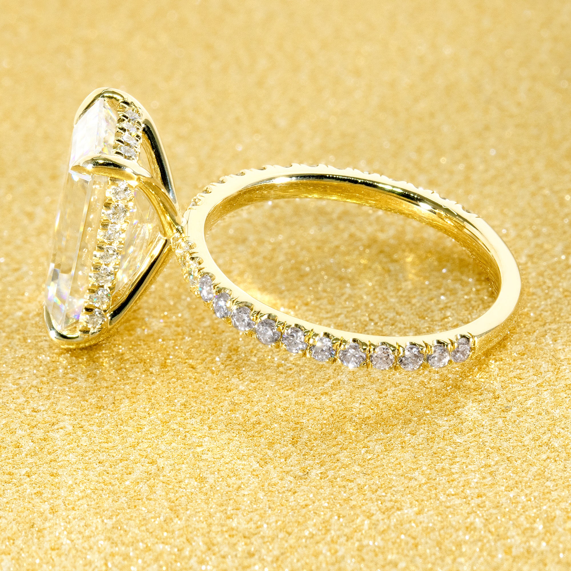 Classic Selina 5.5ct Elongated Emerald-cut Moissanite and Lab Diamond Hidden Halo Engagement ring in 14K gold, 18K gold, or Platinum handcrafted in Los Angeles by Earthena Jewelry