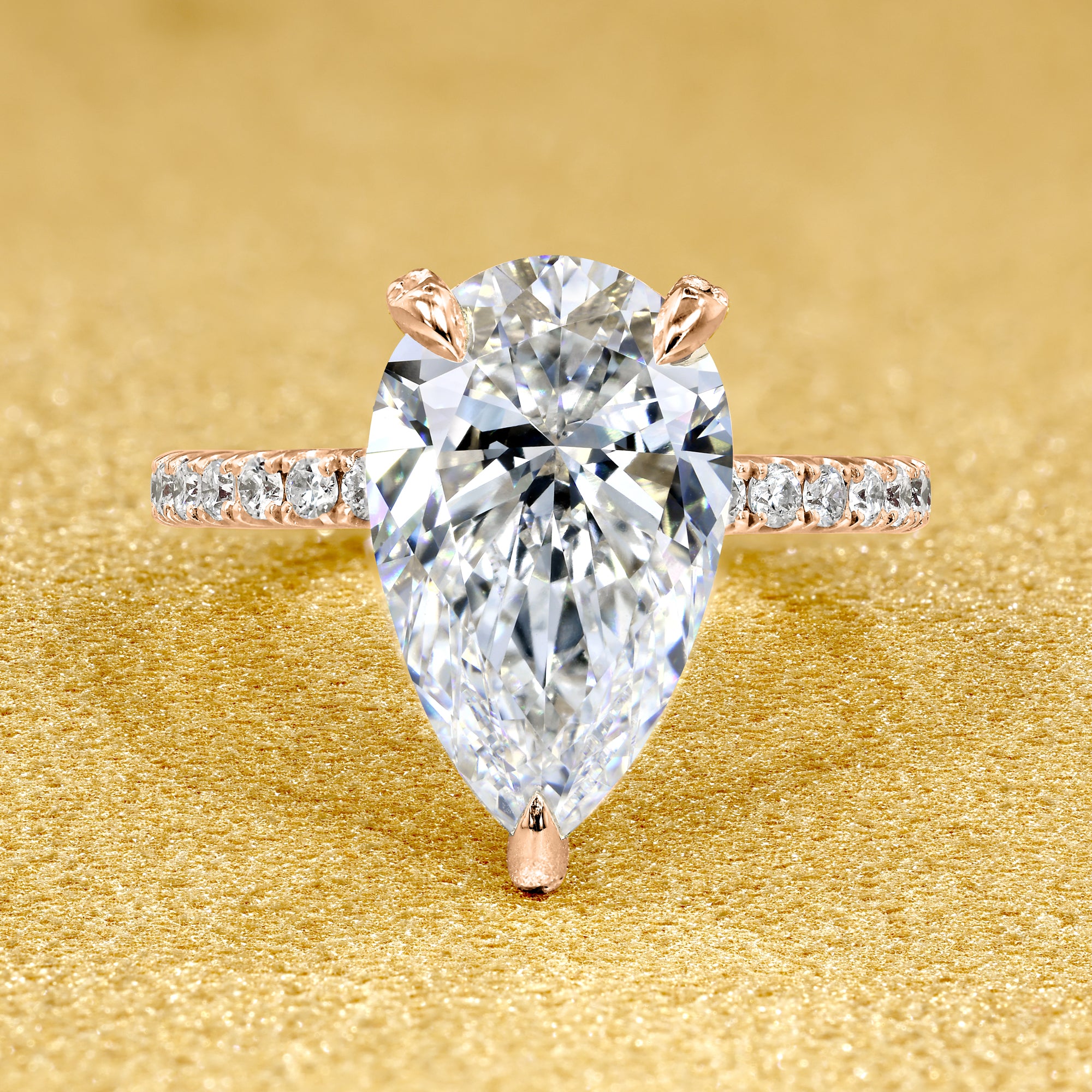 Classic Selina 3ct Elongated Pear-cut Lab-grown Diamond Hidden Wrap Halo Engagement ring in 14K gold, 18K gold, or Platinum by Earthena Jewelry of Beverly Hills.
