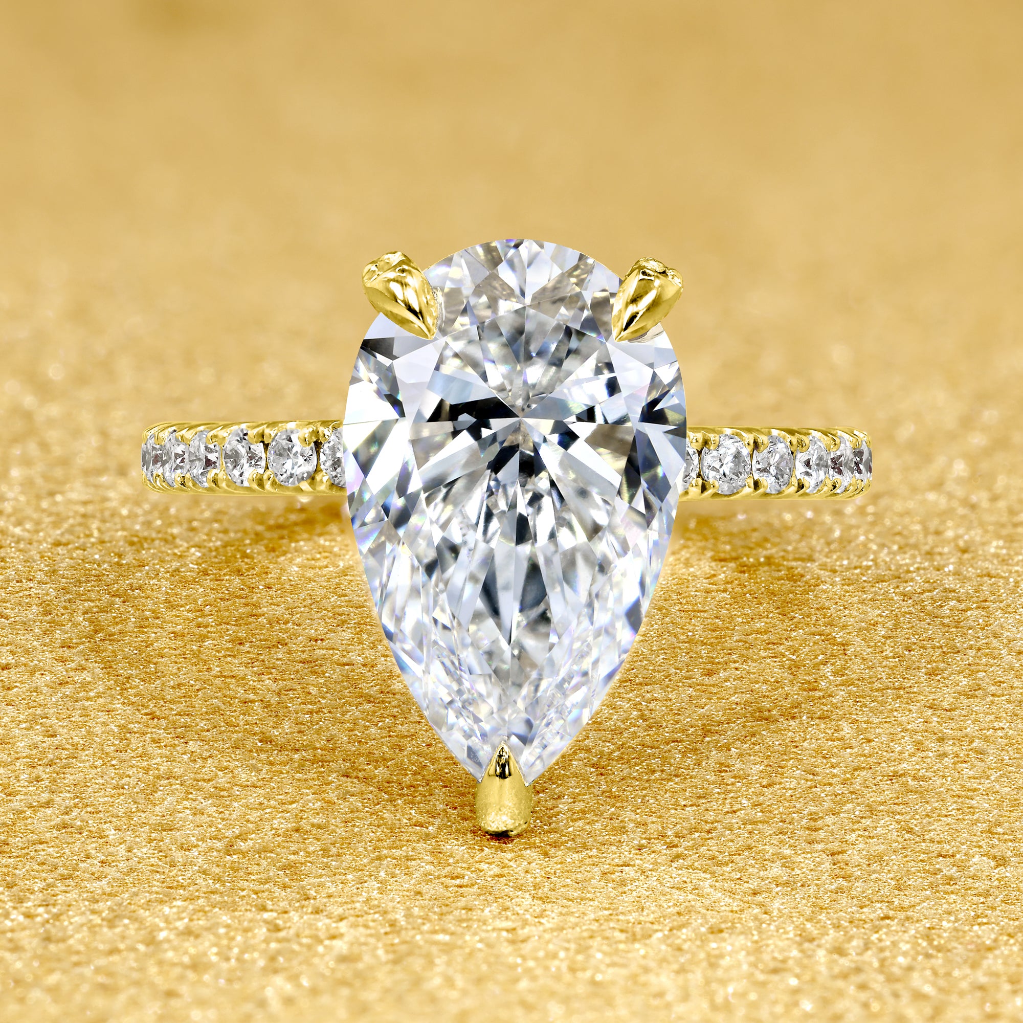 Classic Selina 3ct Elongated Pear-cut Lab-grown Diamond Hidden Wrap Halo Engagement ring in 14K gold, 18K gold, or Platinum by Earthena Jewelry of Beverly Hills.