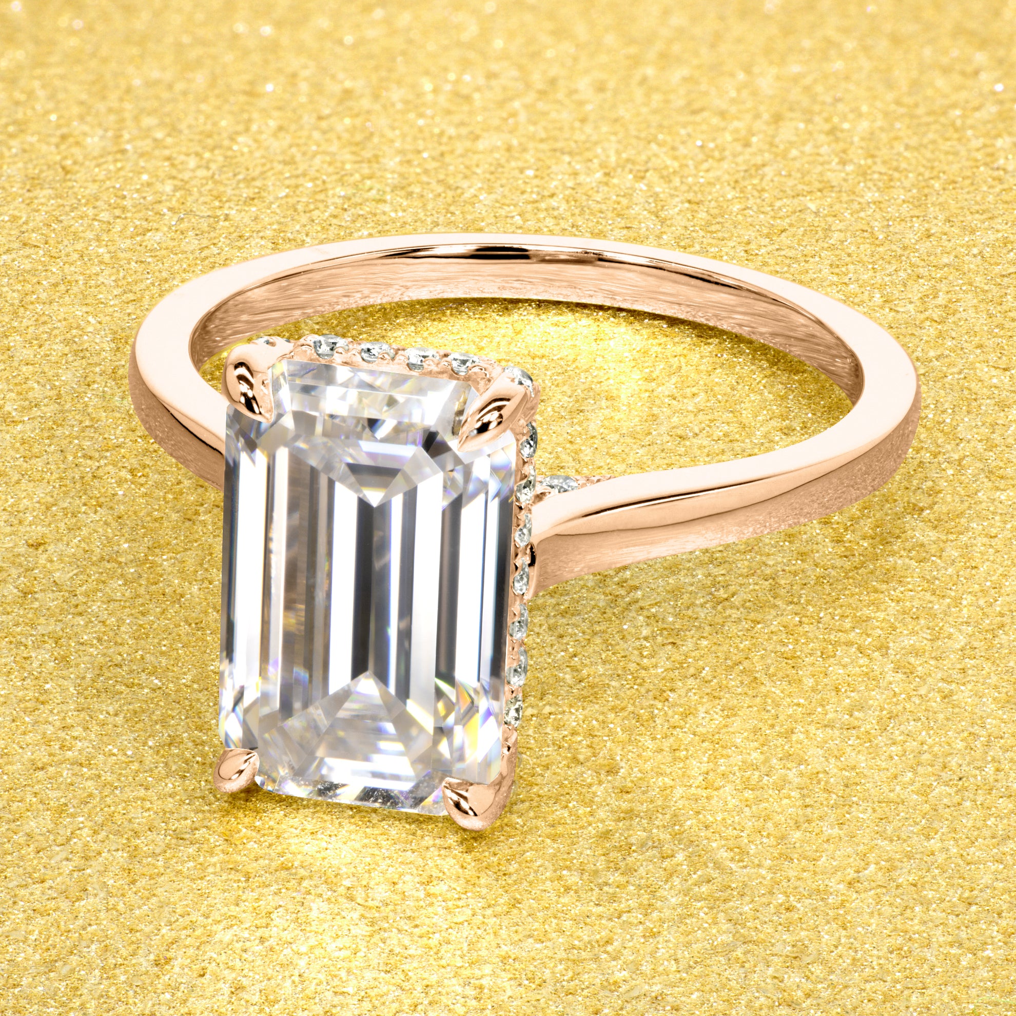 Classic Sofia 3.5ct Elongated Emerald-cut Moissanite Cathedral Hidden Wrap Halo Diamond Bridge Solitaire Engagement ring in 14K gold, 18K gold, or Platinum handcrafted in Los Angeles by Earthena Jewelry