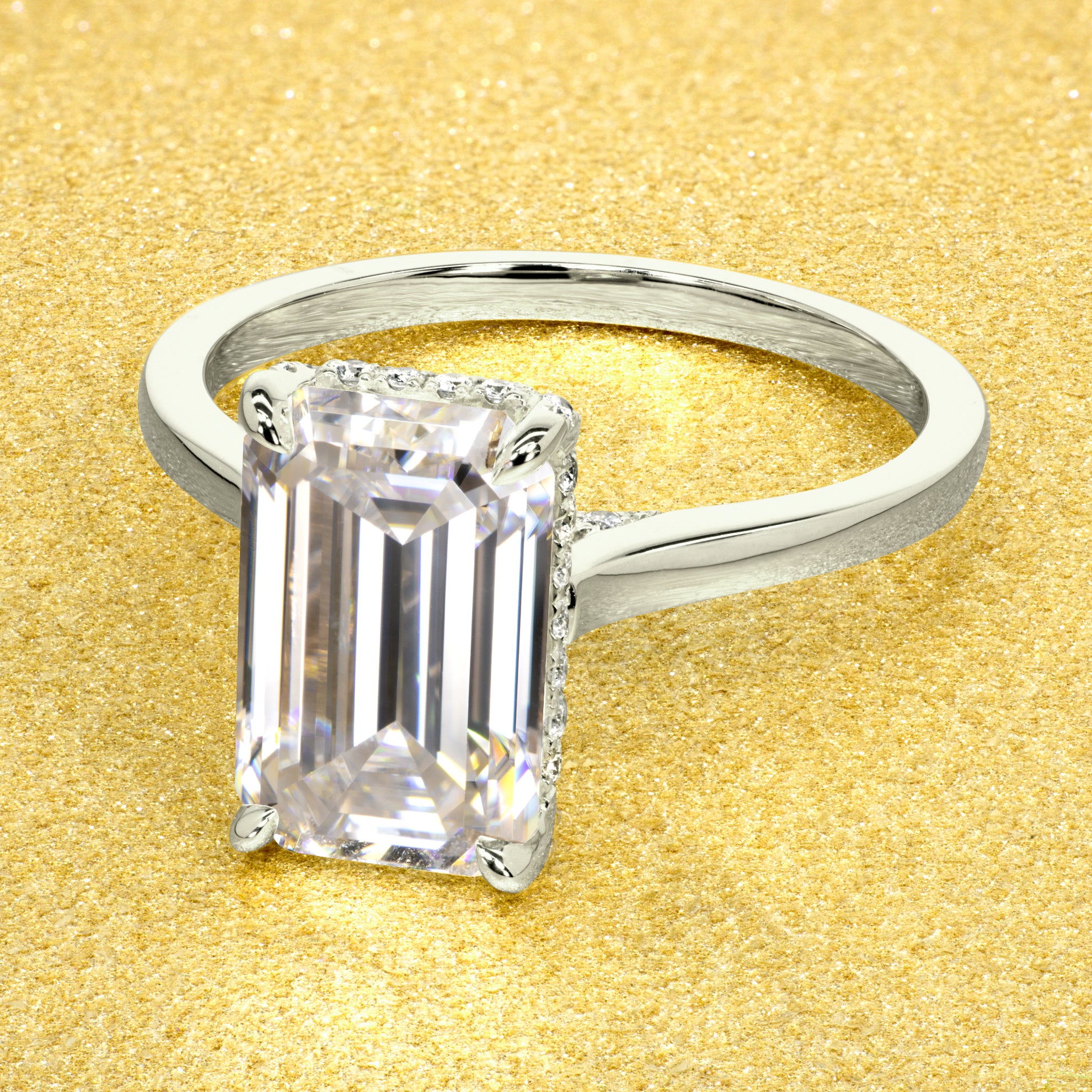 Classic Sofia 3.5ct Elongated Emerald-cut Moissanite Cathedral Hidden Wrap Halo Diamond Bridge Solitaire Engagement ring in 14K gold, 18K gold, or Platinum handcrafted in Los Angeles by Earthena Jewelry
