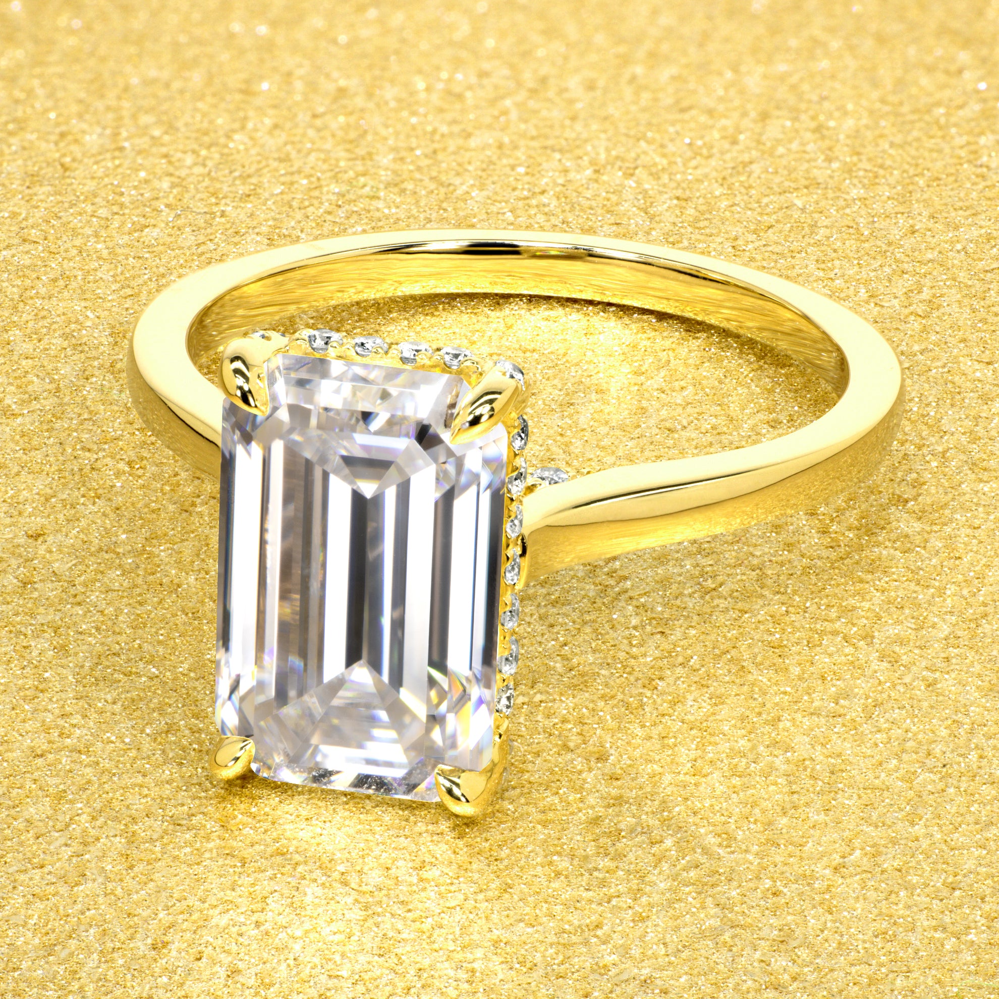 Classic Sofia 3.5ct Elongated Emerald-cut Moissanite Cathedral Hidden Wrap Halo Diamond Bridge Solitaire Engagement ring in 14K gold, 18K gold, or Platinum handcrafted in Los Angeles by Earthena Jewelry