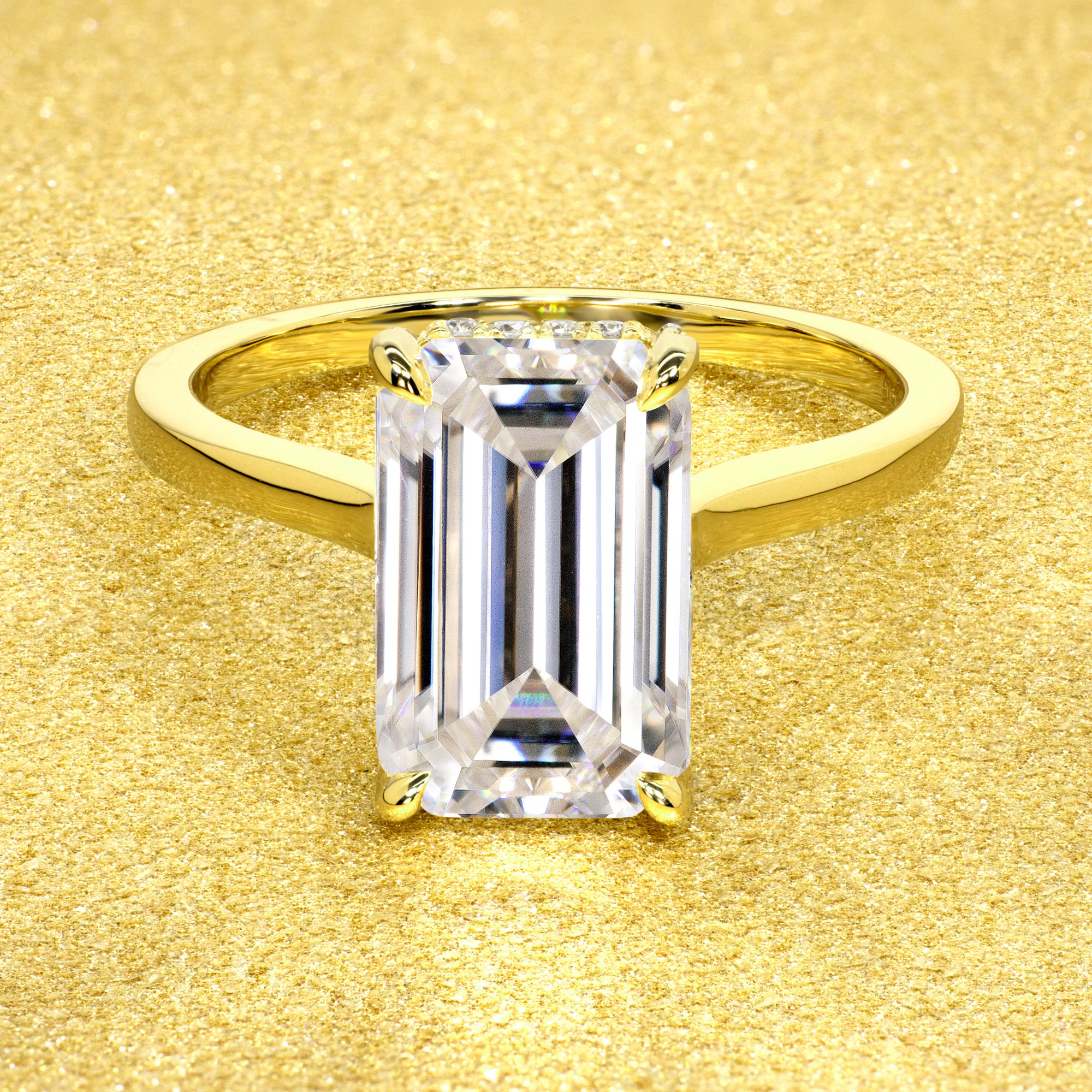 Classic Sofia 3.5ct Elongated Emerald-cut Moissanite Cathedral Hidden Wrap Halo Diamond Bridge Solitaire Engagement ring in 14K gold, 18K gold, or Platinum handcrafted in Los Angeles by Earthena Jewelry
