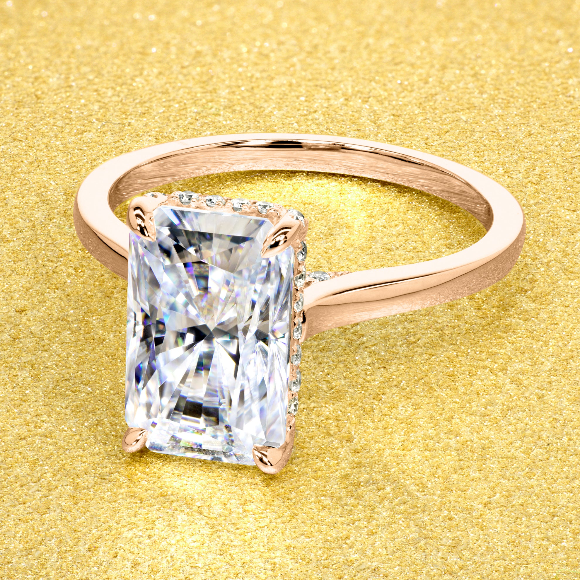 Classic Sofia 3.5ct Elongated Radiant-cut Moissanite Cathedral Hidden Wrap Halo Diamond Bridge Solitaire Engagement ring in 14K gold, 18K gold, or Platinum handcrafted in Los Angeles by Earthena Jewelry