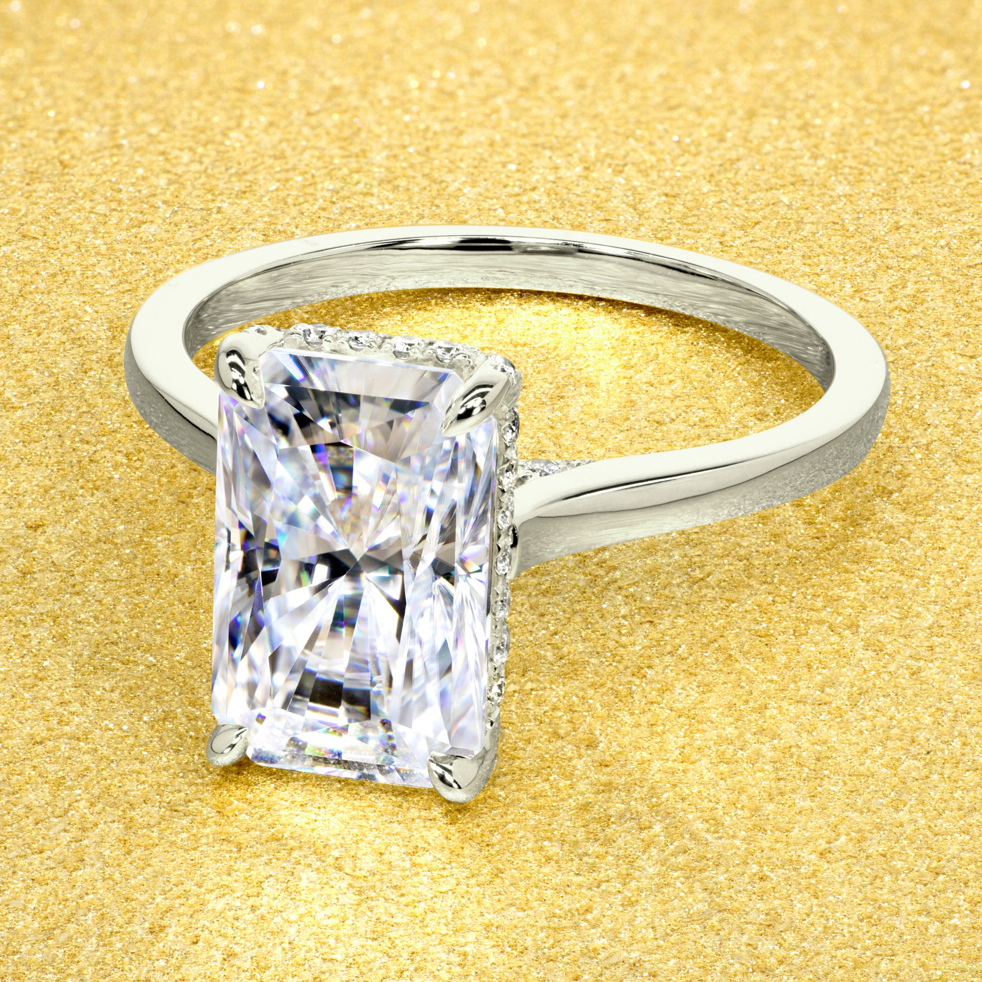 Classic Sofia 3.5ct Elongated Radiant-cut Moissanite Cathedral Hidden Wrap Halo Diamond Bridge Solitaire Engagement ring in 14K gold, 18K gold, or Platinum handcrafted in Los Angeles by Earthena Jewelry