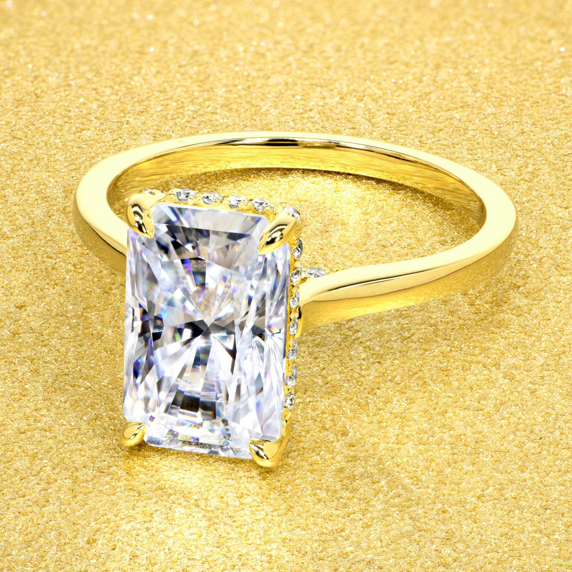 Classic Sofia 3.5ct Elongated Radiant-cut Moissanite Cathedral Hidden Wrap Halo Diamond Bridge Solitaire Engagement ring in 14K gold, 18K gold, or Platinum handcrafted in Los Angeles by Earthena Jewelry
