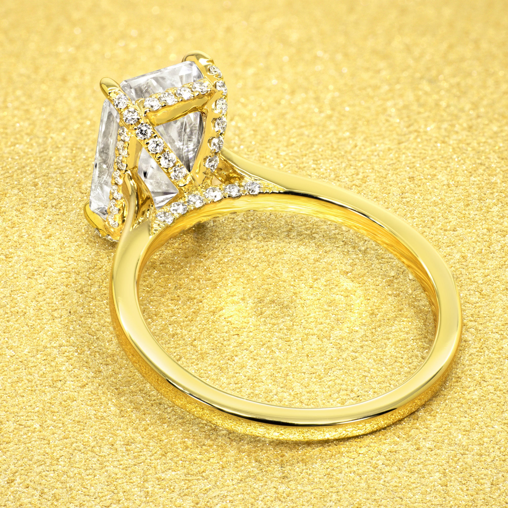 Classic Sofia 3.5ct Elongated Radiant-cut Moissanite Cathedral Hidden Wrap Halo Diamond Bridge Solitaire Engagement ring in 14K gold, 18K gold, or Platinum handcrafted in Los Angeles by Earthena Jewelry