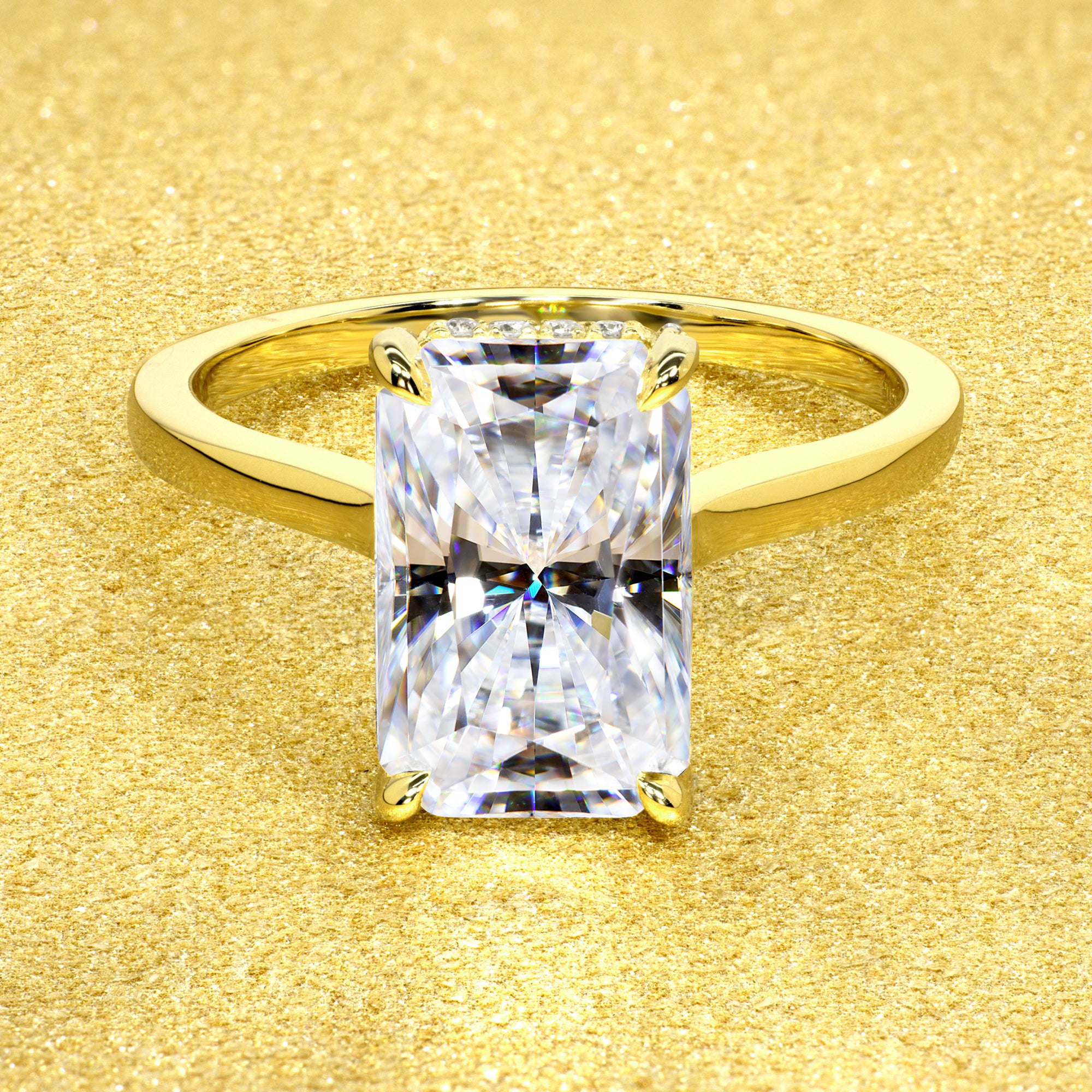 Classic Sofia 3.5ct Elongated Radiant-cut Moissanite Cathedral Hidden Wrap Halo Diamond Bridge Solitaire Engagement ring in 14K gold, 18K gold, or Platinum handcrafted in Los Angeles by Earthena Jewelry