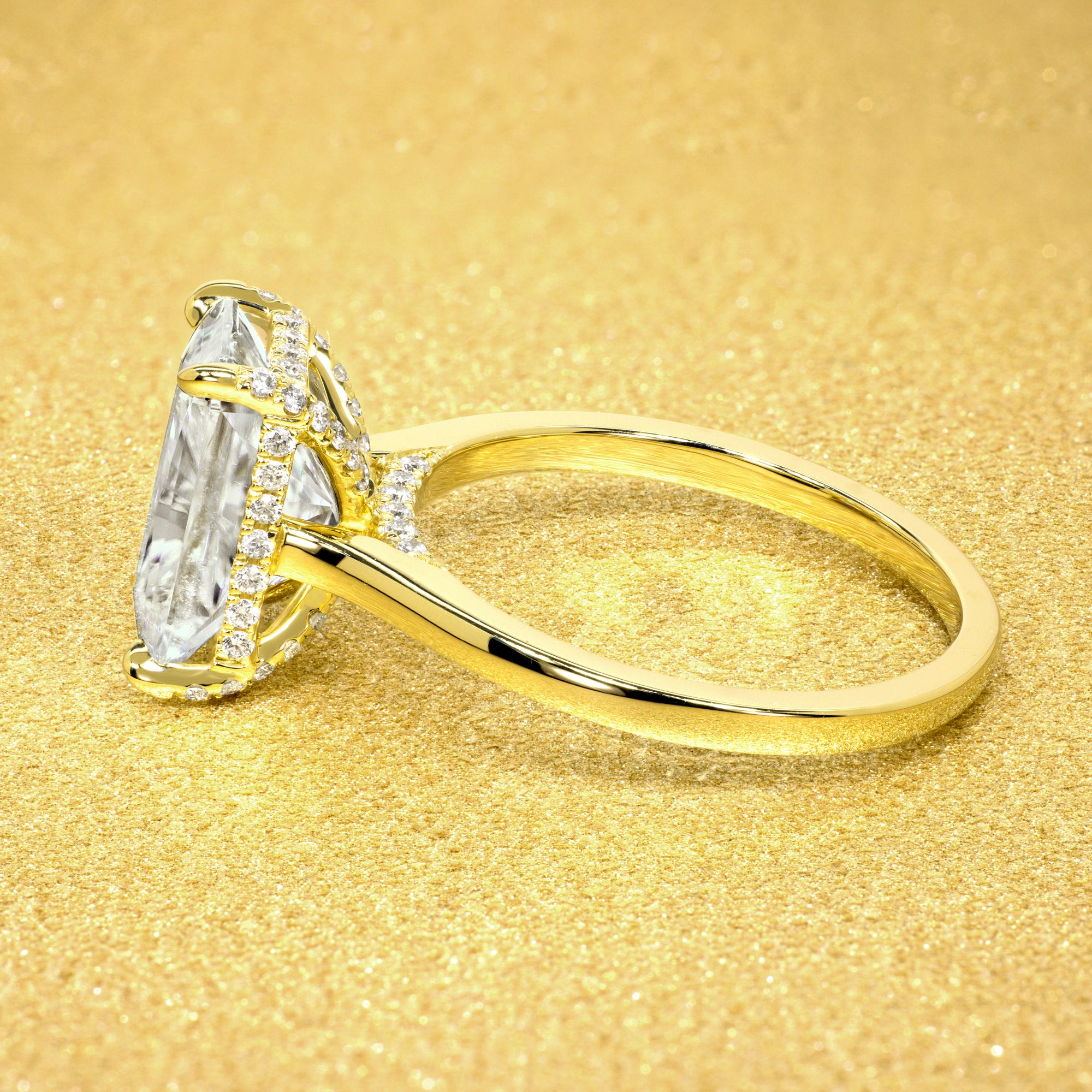 Classic Sofia 3.5ct Elongated Radiant-cut Moissanite Cathedral Hidden Wrap Halo Diamond Bridge Solitaire Engagement ring in 14K gold, 18K gold, or Platinum handcrafted in Los Angeles by Earthena Jewelry