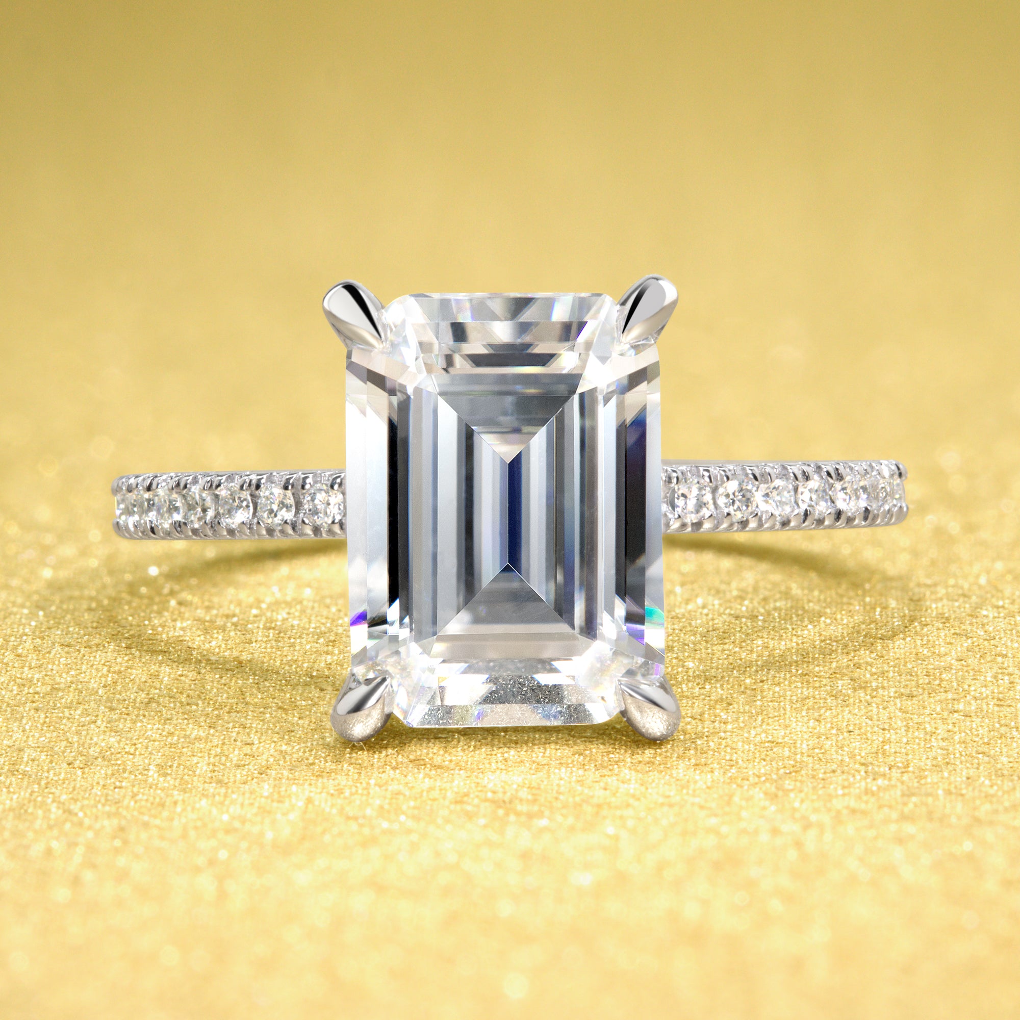 Stella 3.5ct Elongated Emerald-cut Moissanite and Lab-grown Diamond Hidden Wrap Halo Engagement Ring handcrafted in 14K or 18K Gold by Earthena Jewelry