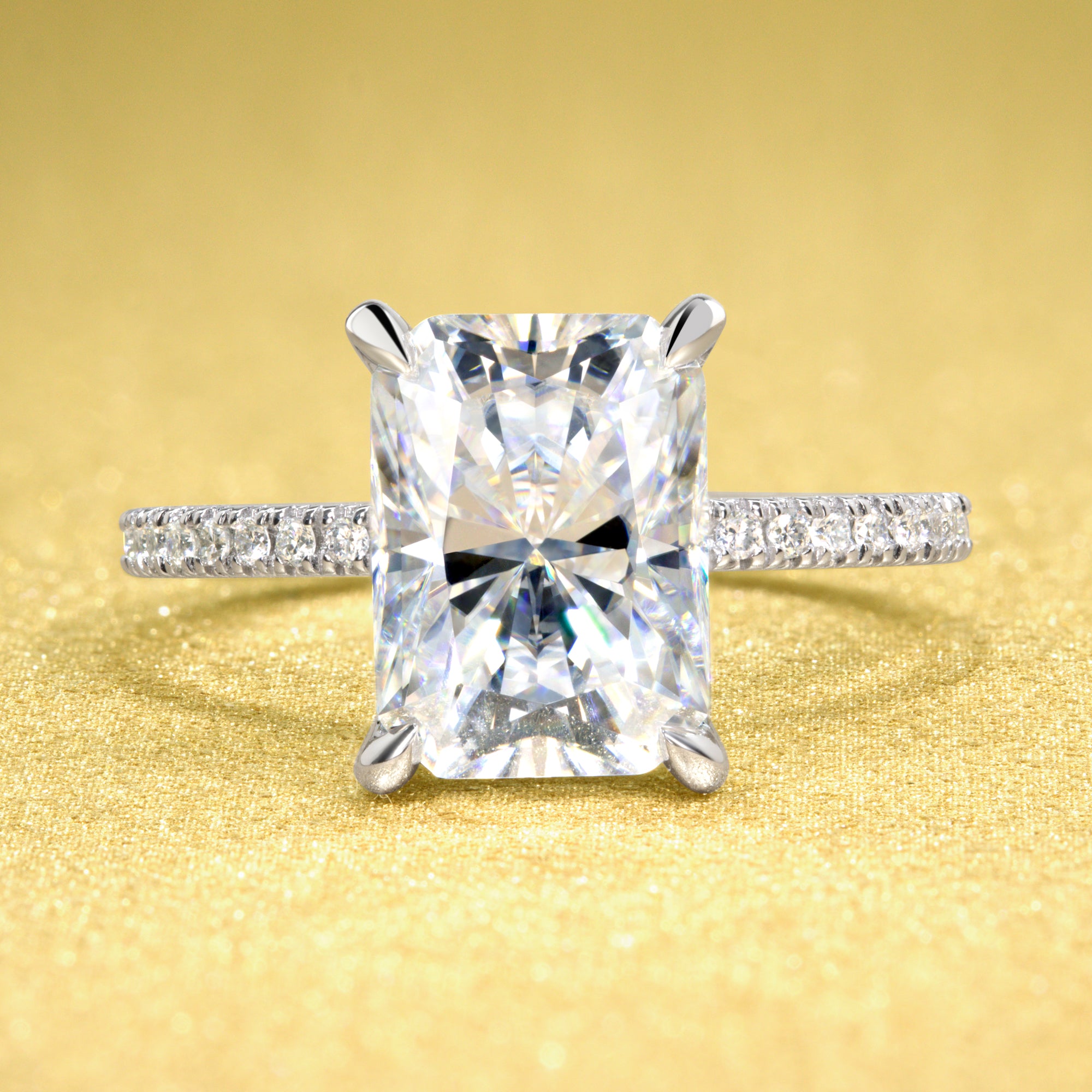 Stella 3.5ct Elongated Radiant-cut Moissanite and Lab-grown Diamond Hidden Wrap Halo Engagement Ring handcrafted in 14K or 18K Gold by Earthena Jewelry