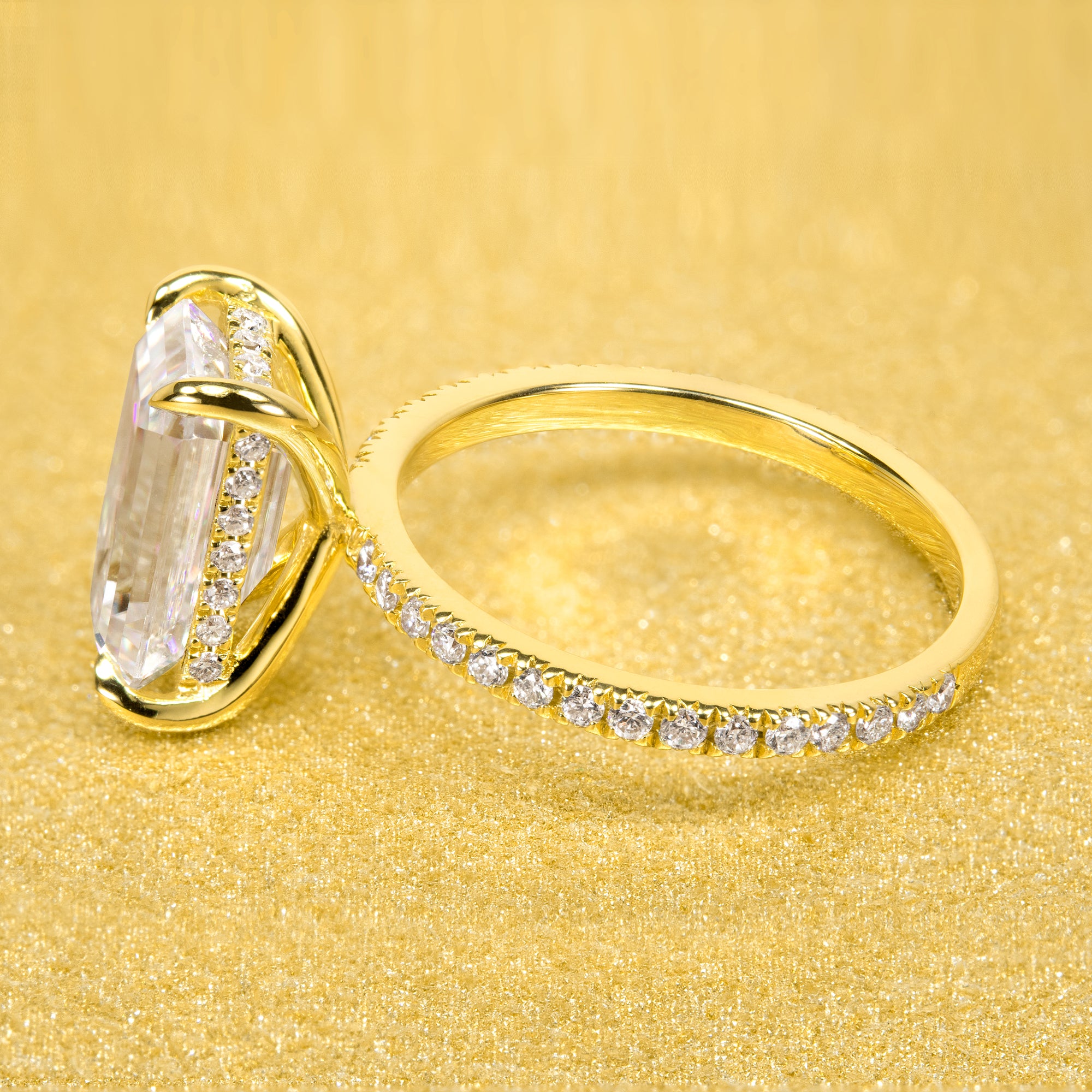 The Stella Ring beautifully combines a timeless design with handcrafted moissanite stone and lab-grown diamond accents set in 14K gold, 18K gold, or Platinum handcrafted in Los Angeles by Earthena Jewelry.