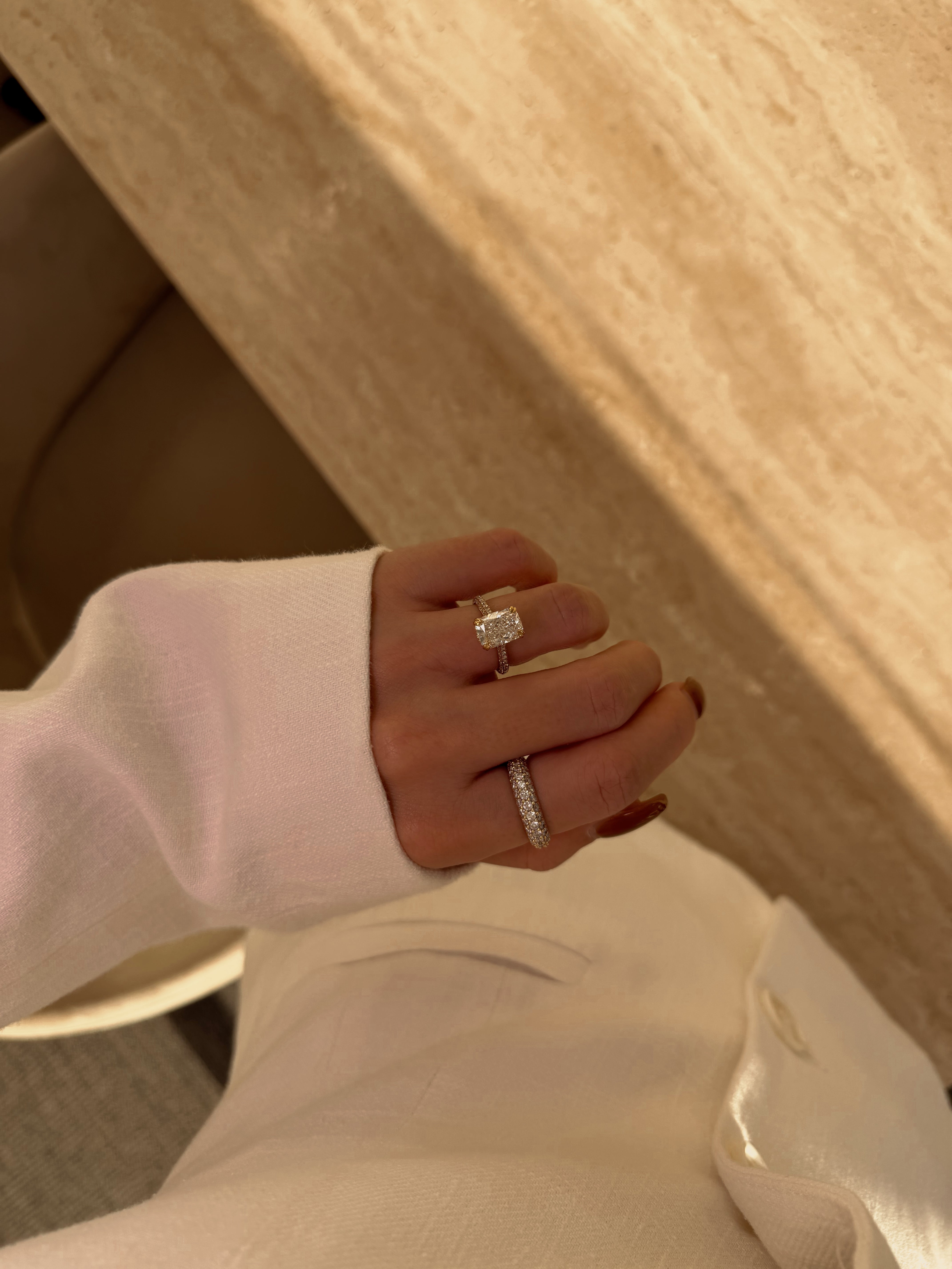 The Olivia, 3.02ct Elongated Cushion-cut Lab-grown Diamond Triple Row Cathedral Hidden Wrap Halo Ring