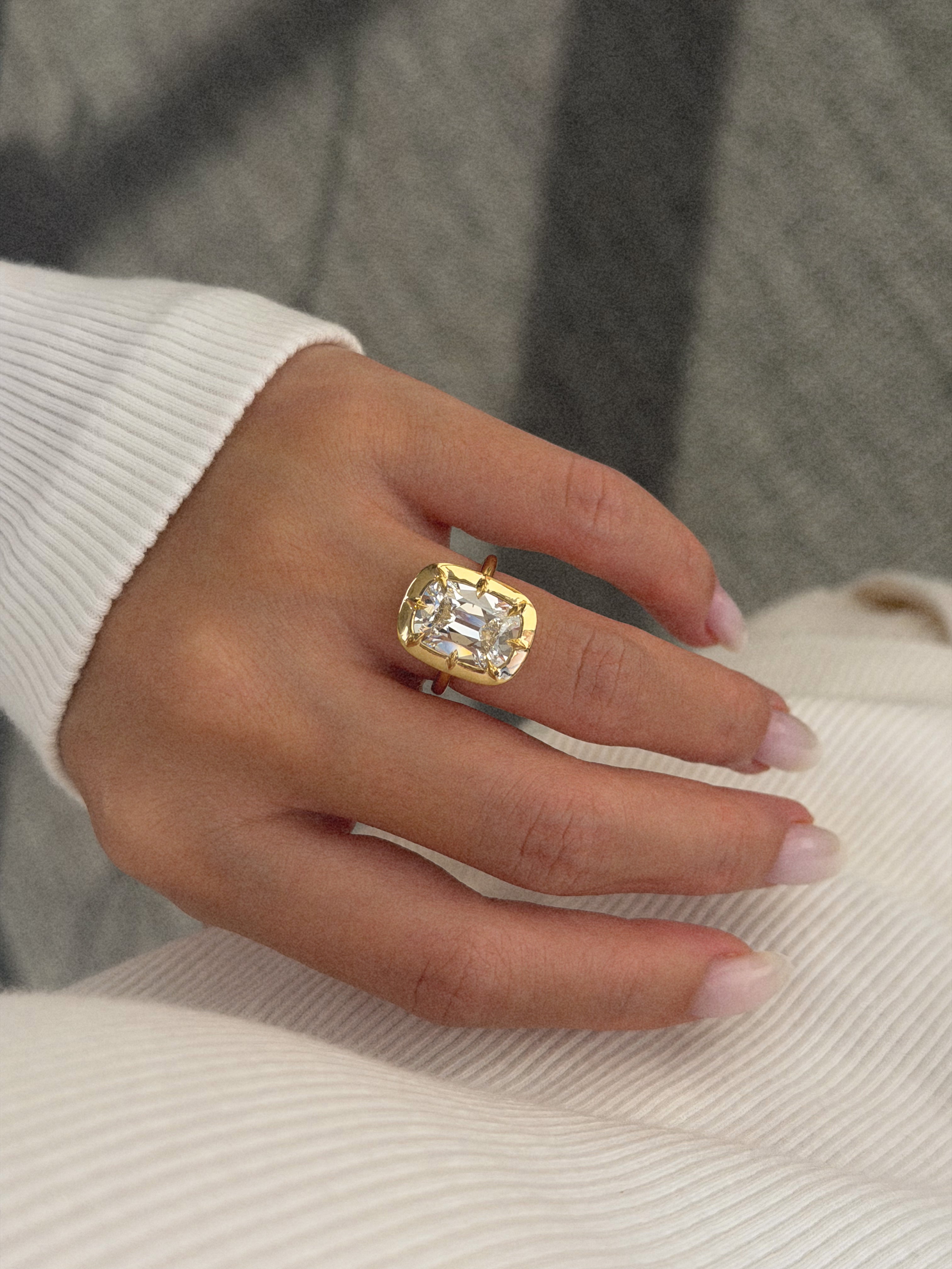 Elizabeth 4.95ct Elongated Old Mine Cut Lab-Grown Diamond Engagement Ring in 14K Gold, 18K Gold, and Platinum by Earthena Jewelry of Beverly Hills.
