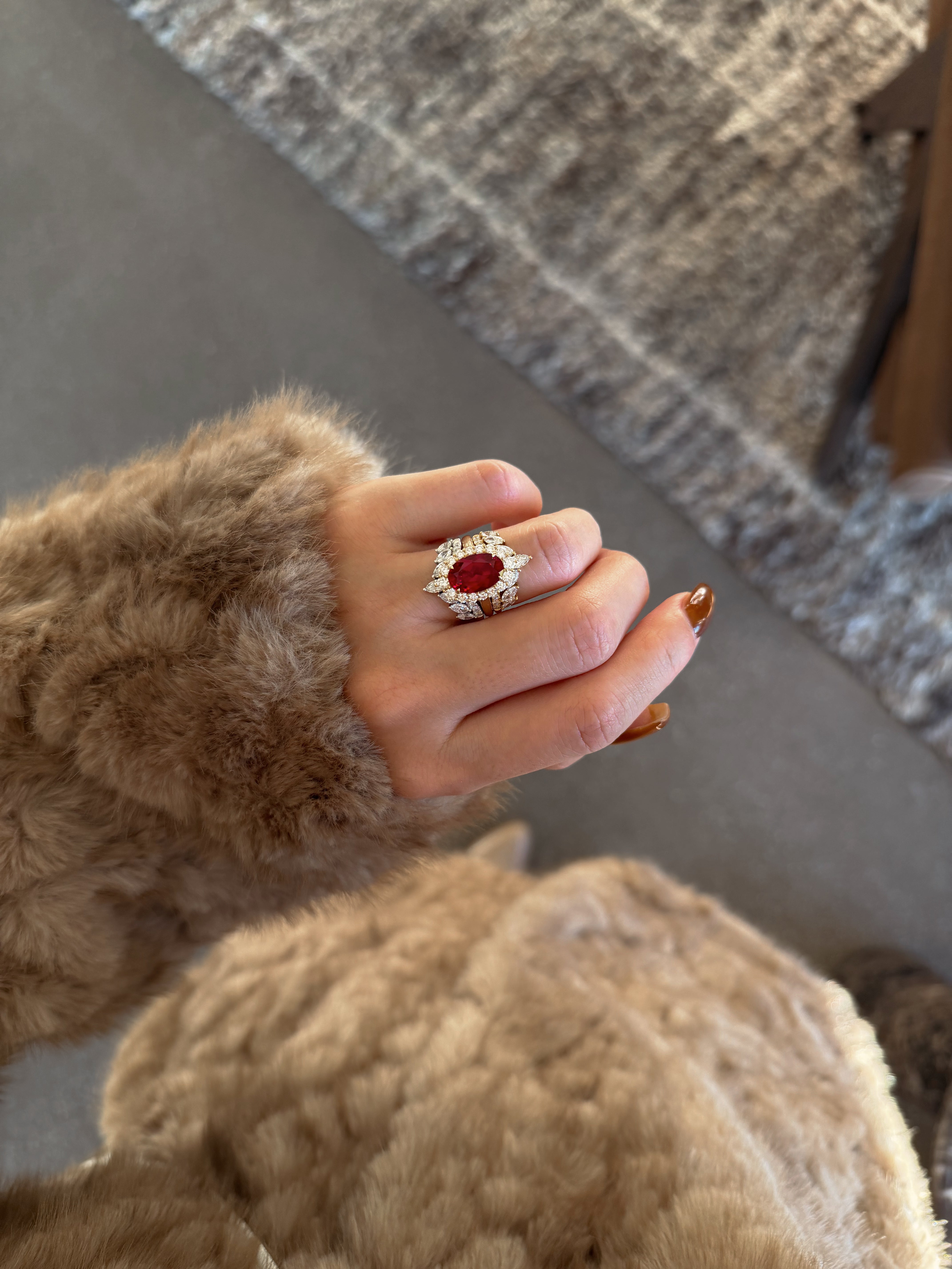 Gloria 4ct Oval Lab-Grown Ruby with Dual Isabella V-Shaped Diamond Bands in 14K Gold, 18K Gold, or Platinum by Earthena Jewelry of Beverly Hills.