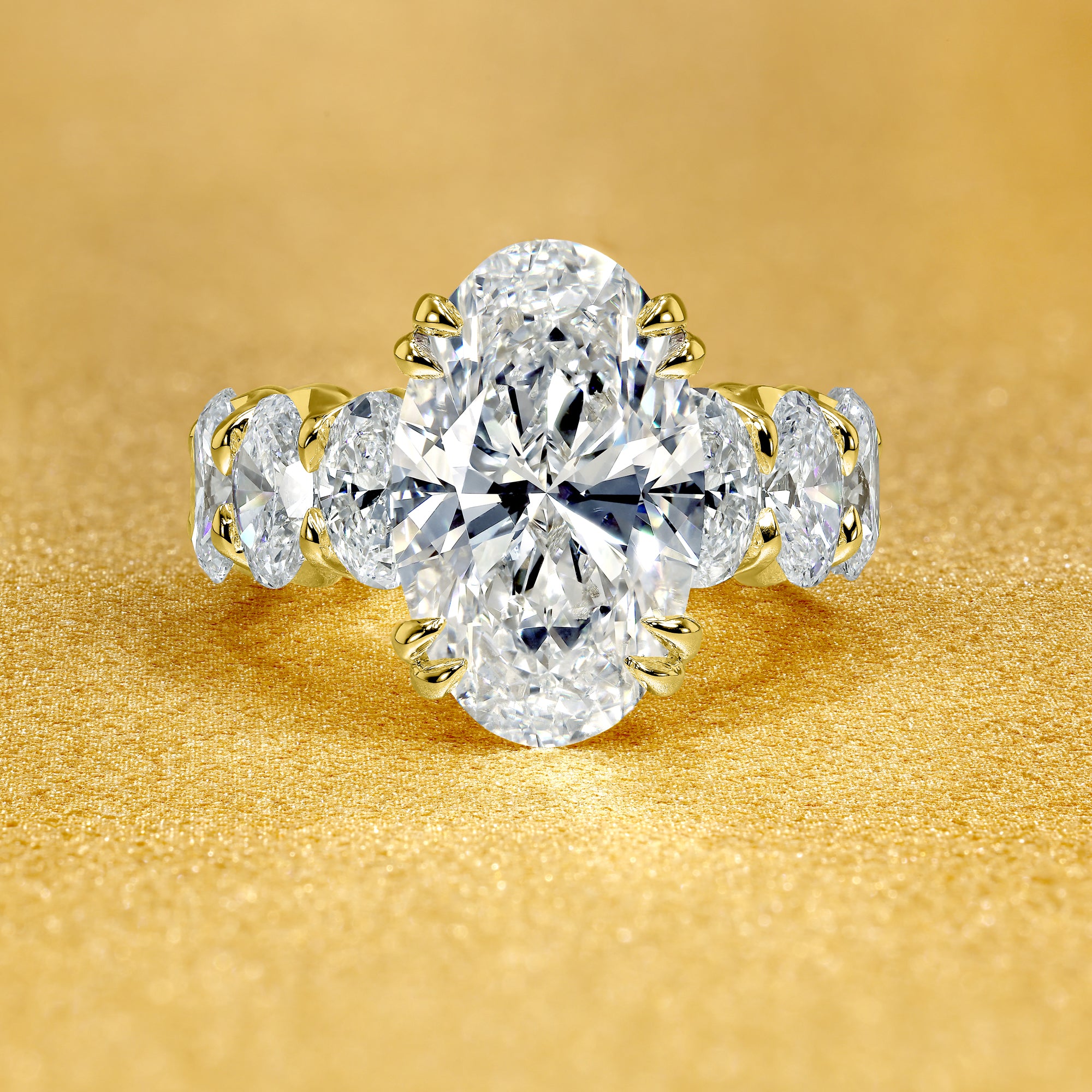 The Valeria, 5.88ct Elongated Oval Lab-Grown Diamond Eternity Engagement ring Handcrafted in 14K gold, 18K gold, or Platinum by Earthena Jewelry of Beverly Hills.