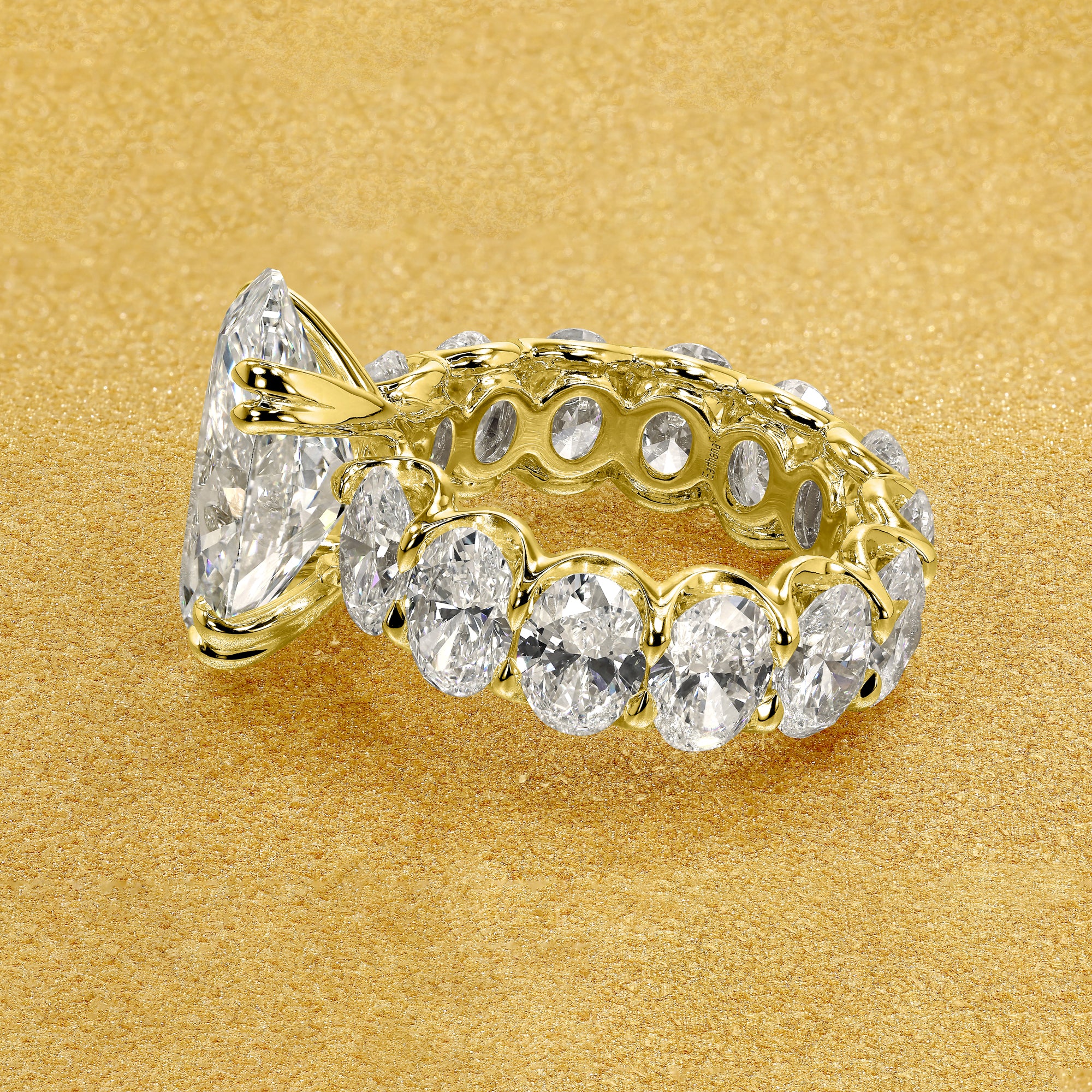 The Valeria, 5.88ct Elongated Oval Lab-Grown Diamond Eternity Engagement ring Handcrafted in 14K gold, 18K gold, or Platinum by Earthena Jewelry of Beverly Hills.