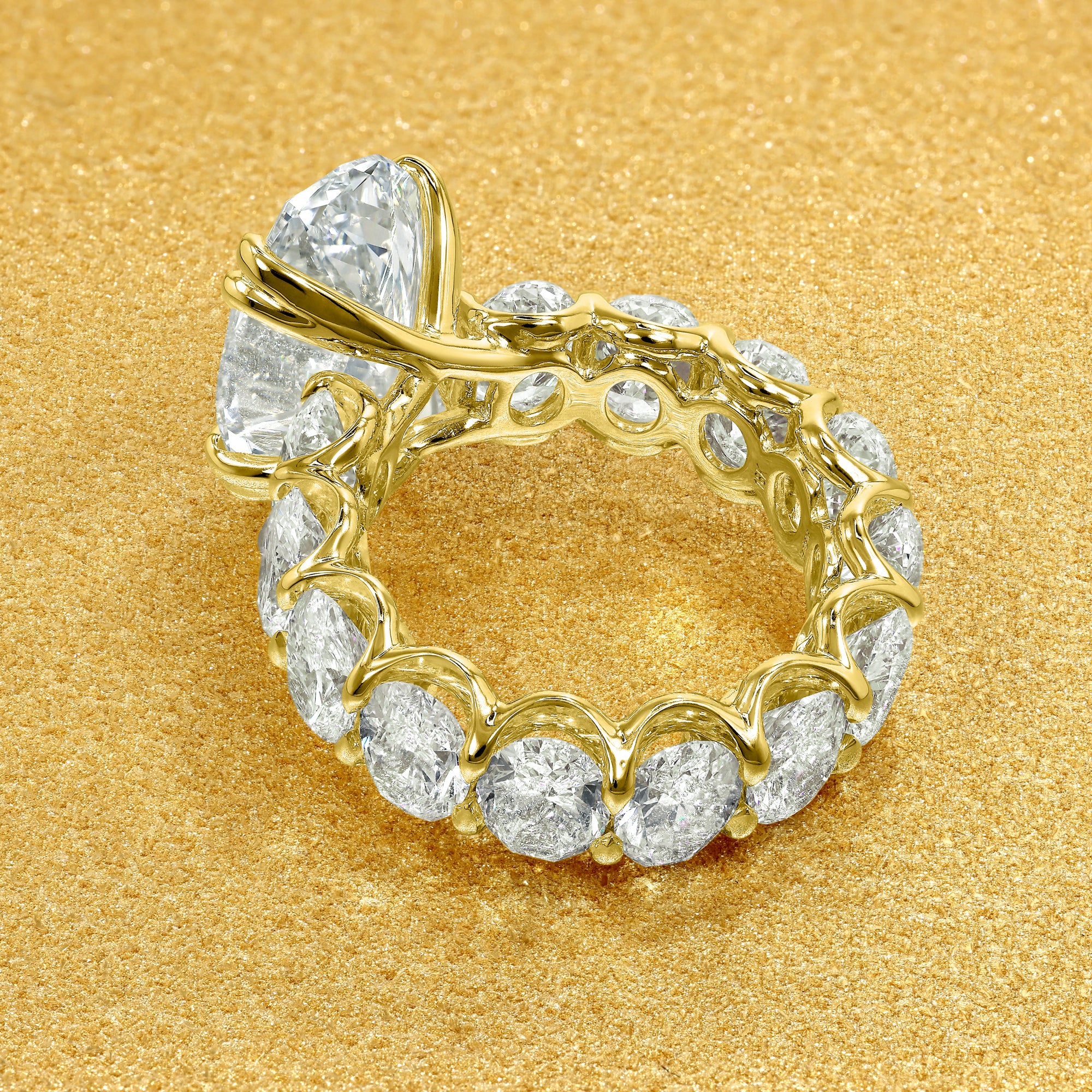The Valeria, 5.88ct Elongated Oval Lab-Grown Diamond Eternity Engagement ring Handcrafted in 14K gold, 18K gold, or Platinum by Earthena Jewelry of Beverly Hills.