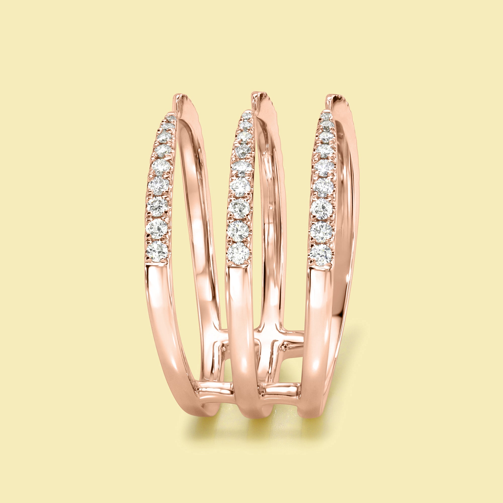 The Vi, Open Triple Row Diamond Cuff Band is handcrafted in 14K gold, 18K gold, or Platinum by Earthena Jewelry in Los Angeles