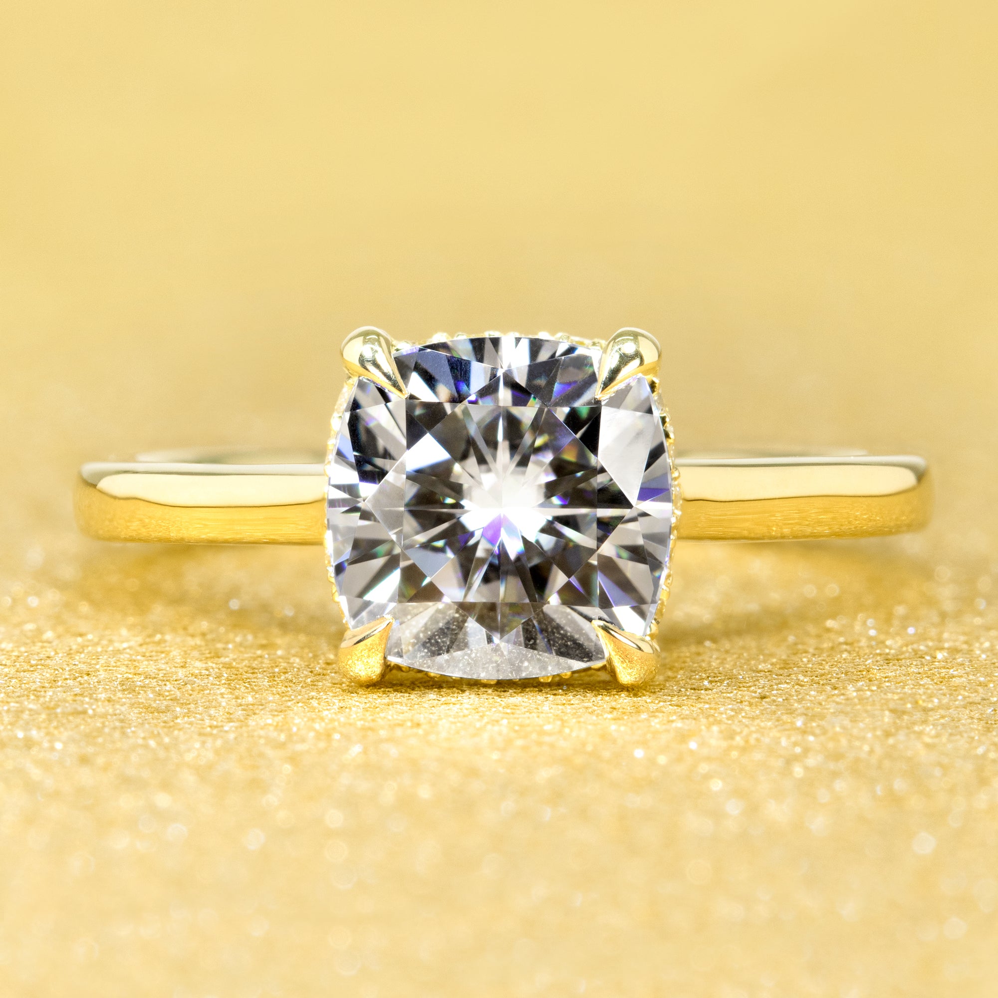 14K Gold Classic 2ct Cushion-cut Cathedral Hidden Halo Moissanite and Diamond Engagement Ring | Earthena Jewelry