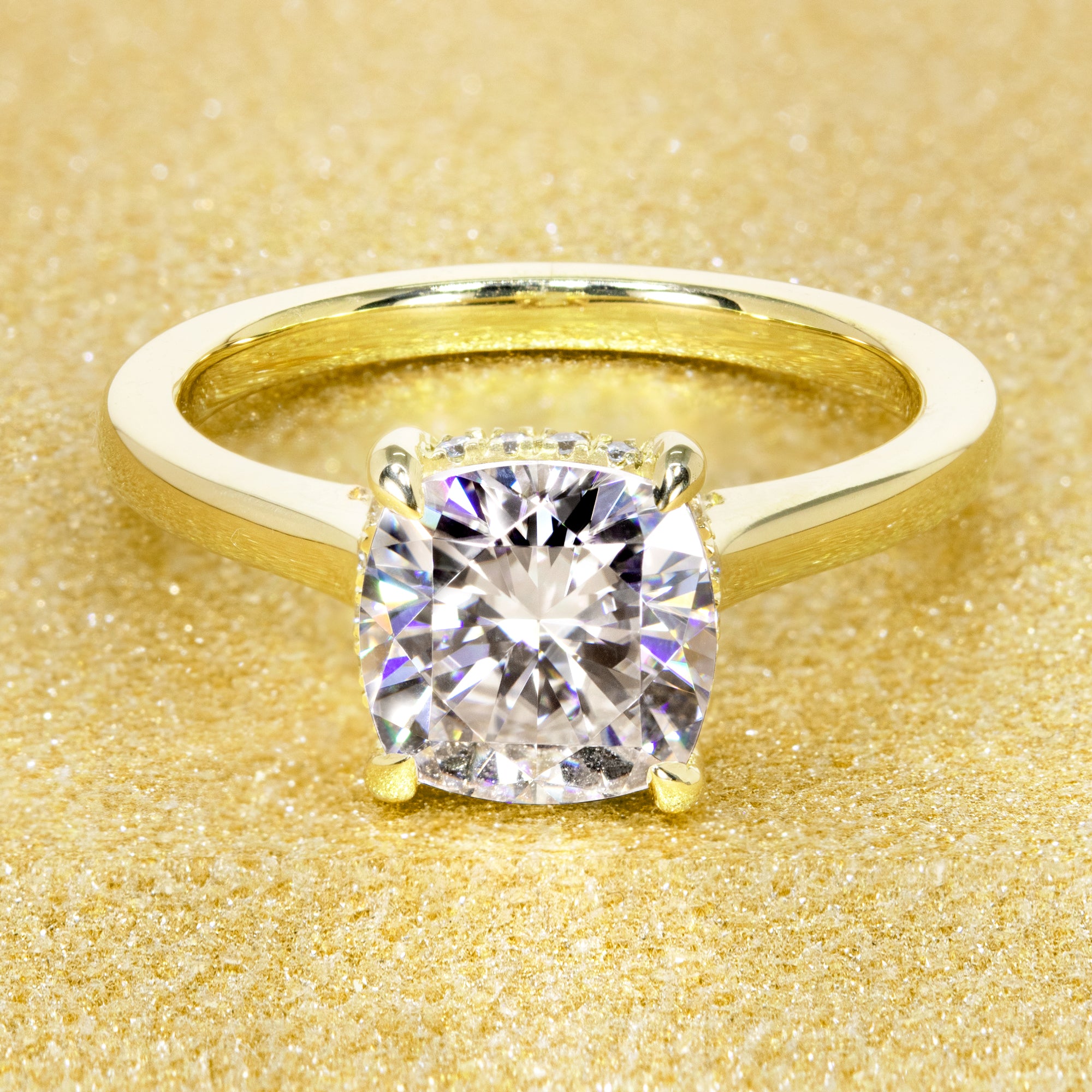 14K Gold Classic 2ct Cushion-cut Cathedral Hidden Halo Moissanite and Diamond Engagement Ring | Earthena Jewelry
