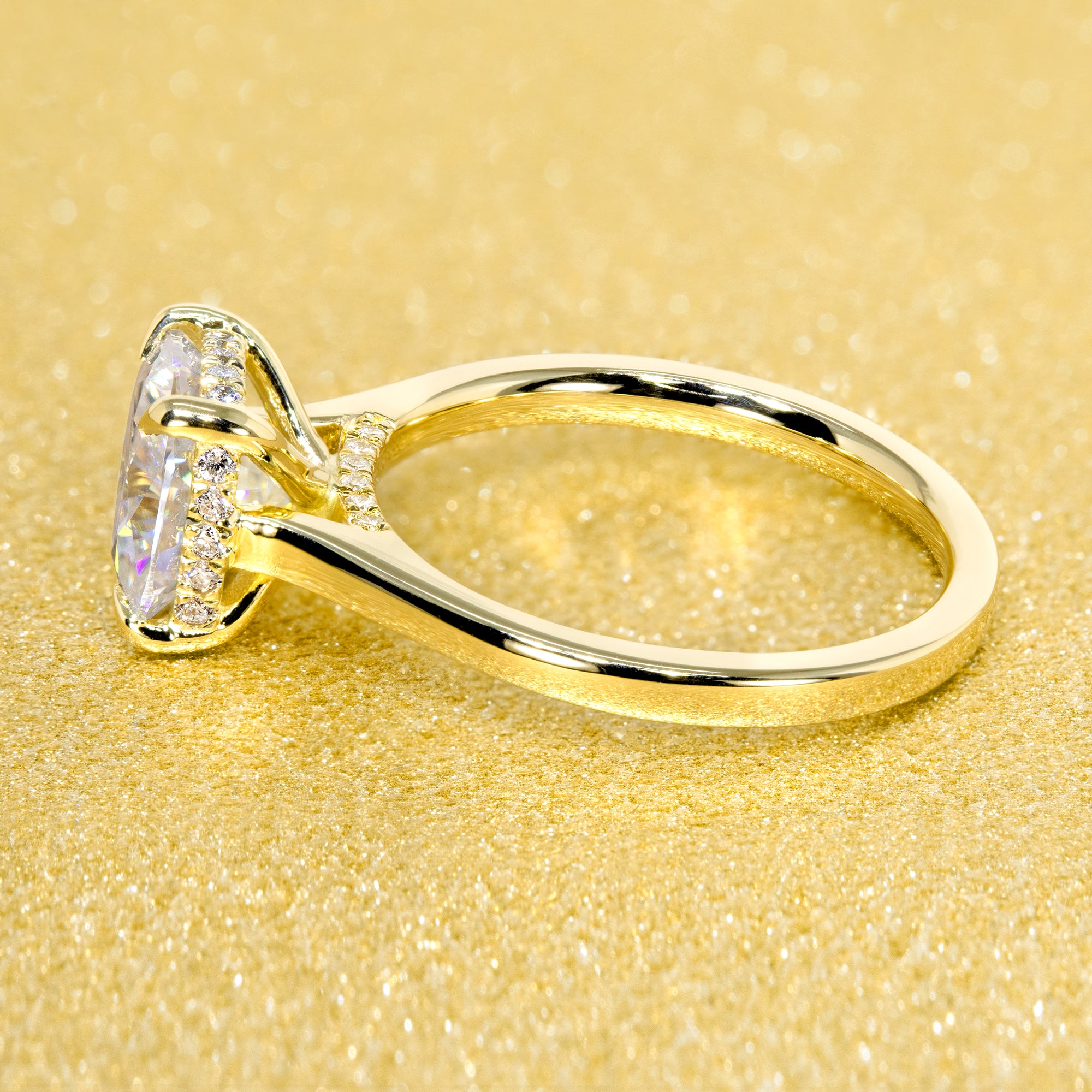 14K Gold Classic 2ct Cushion-cut Cathedral Hidden Halo Moissanite and Diamond Engagement Ring | Earthena Jewelry